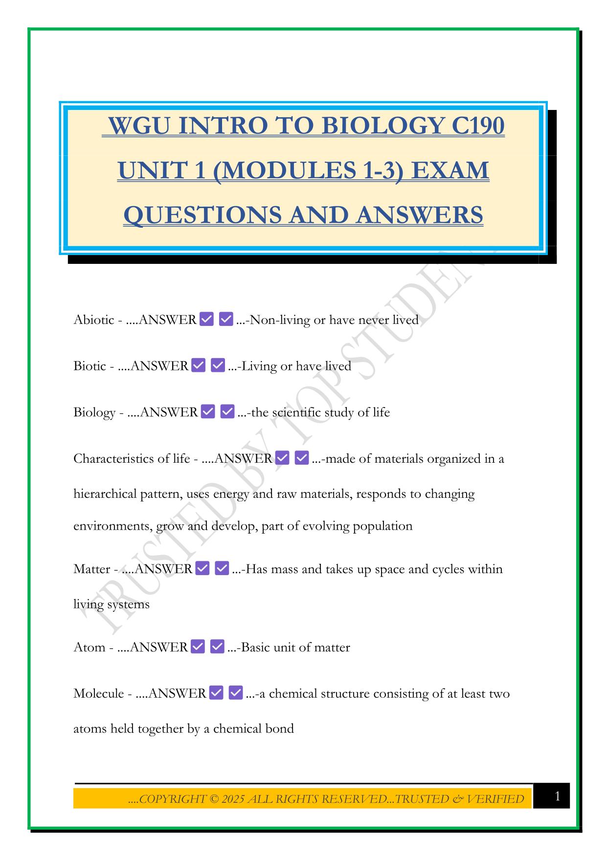 WGU INTRO TO BIOLOGY C190 UNIT 1 (MODULES 1-3) EXAM QUESTIONS AND ANSWERS