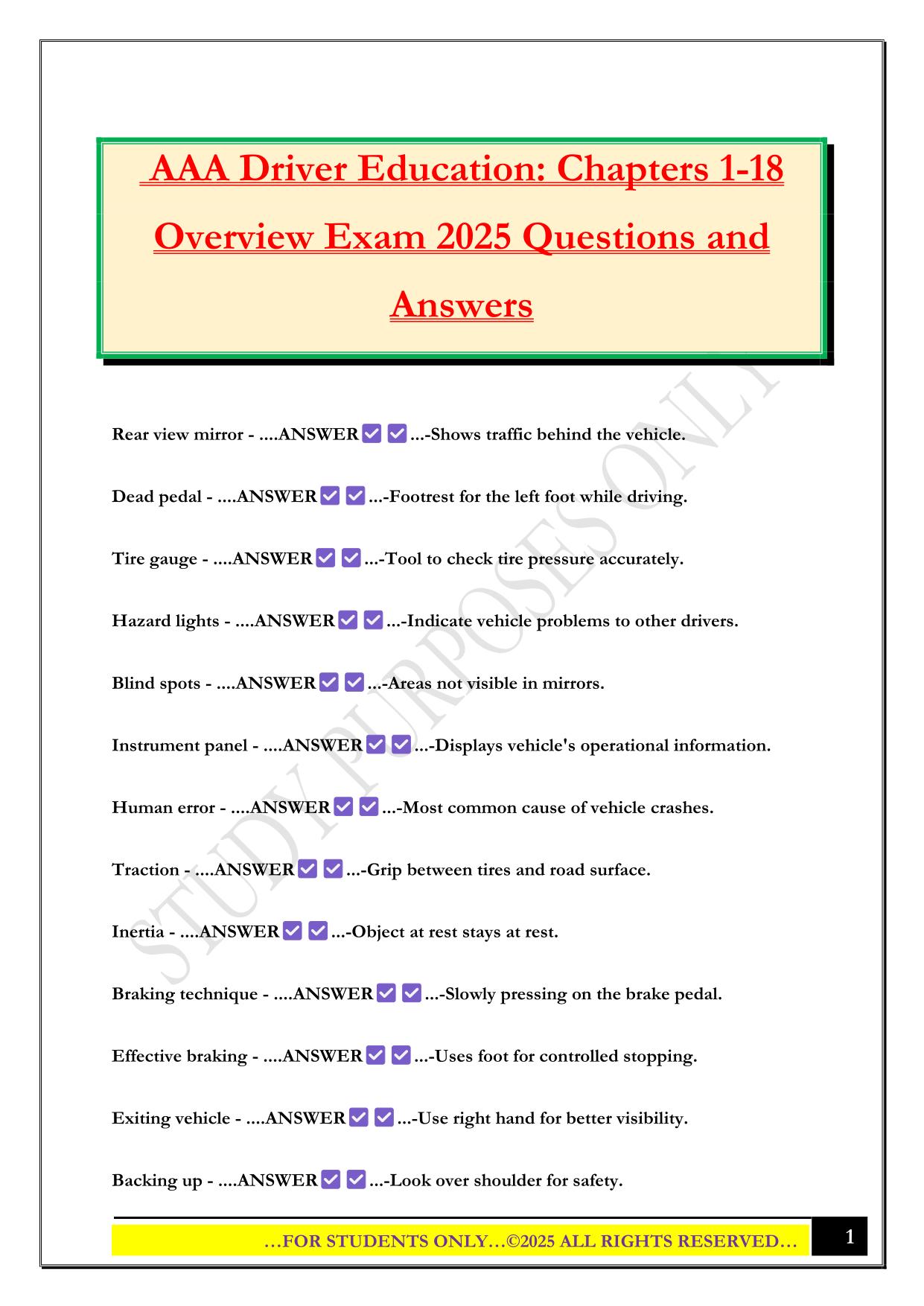 AAA Driver Education: Chapters 1-18 Overview Exam 2025 Questions and Answers
