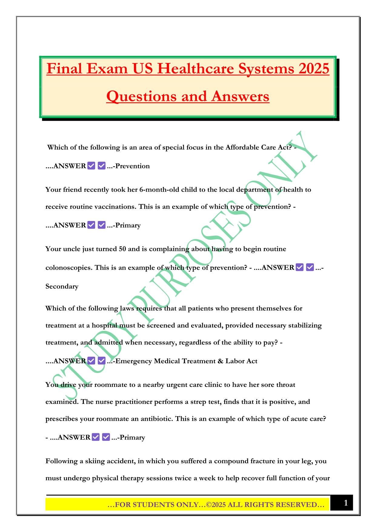 Final Exam US Healthcare Systems 2025 Questions and Answers