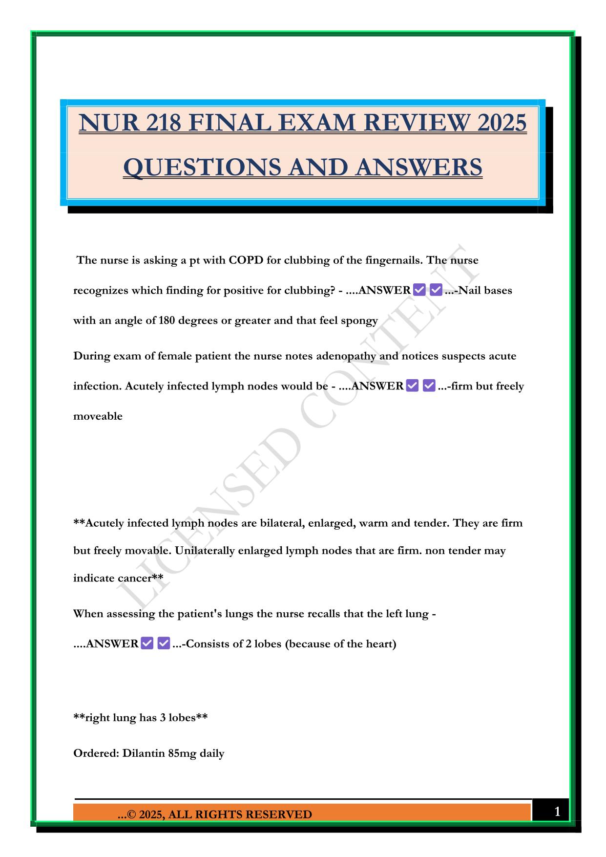 NUR 218 FINAL EXAM REVIEW 2025 QUESTIONS AND ANSWERS