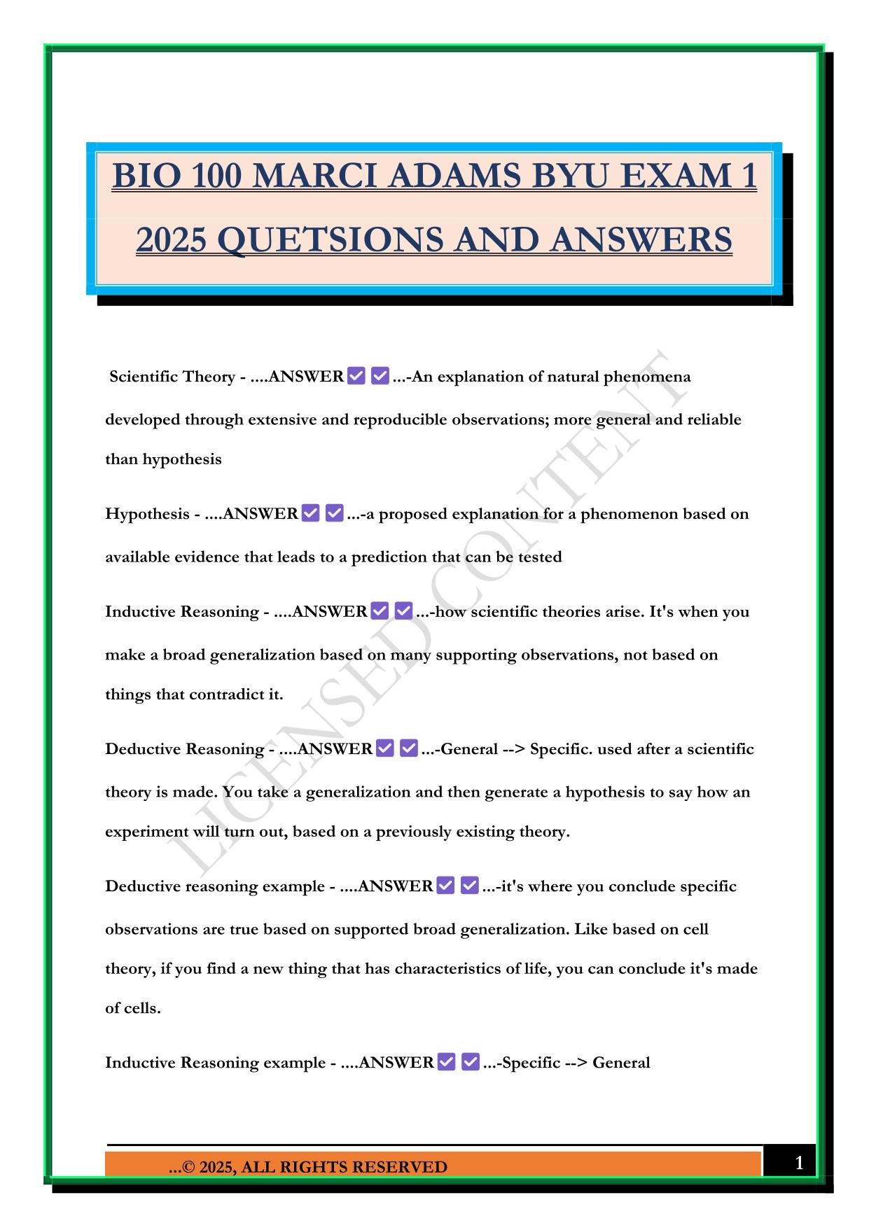 BIO 100 MARCI ADAMS BYU EXAM 1 2025 QUETSIONS AND ANSWERS