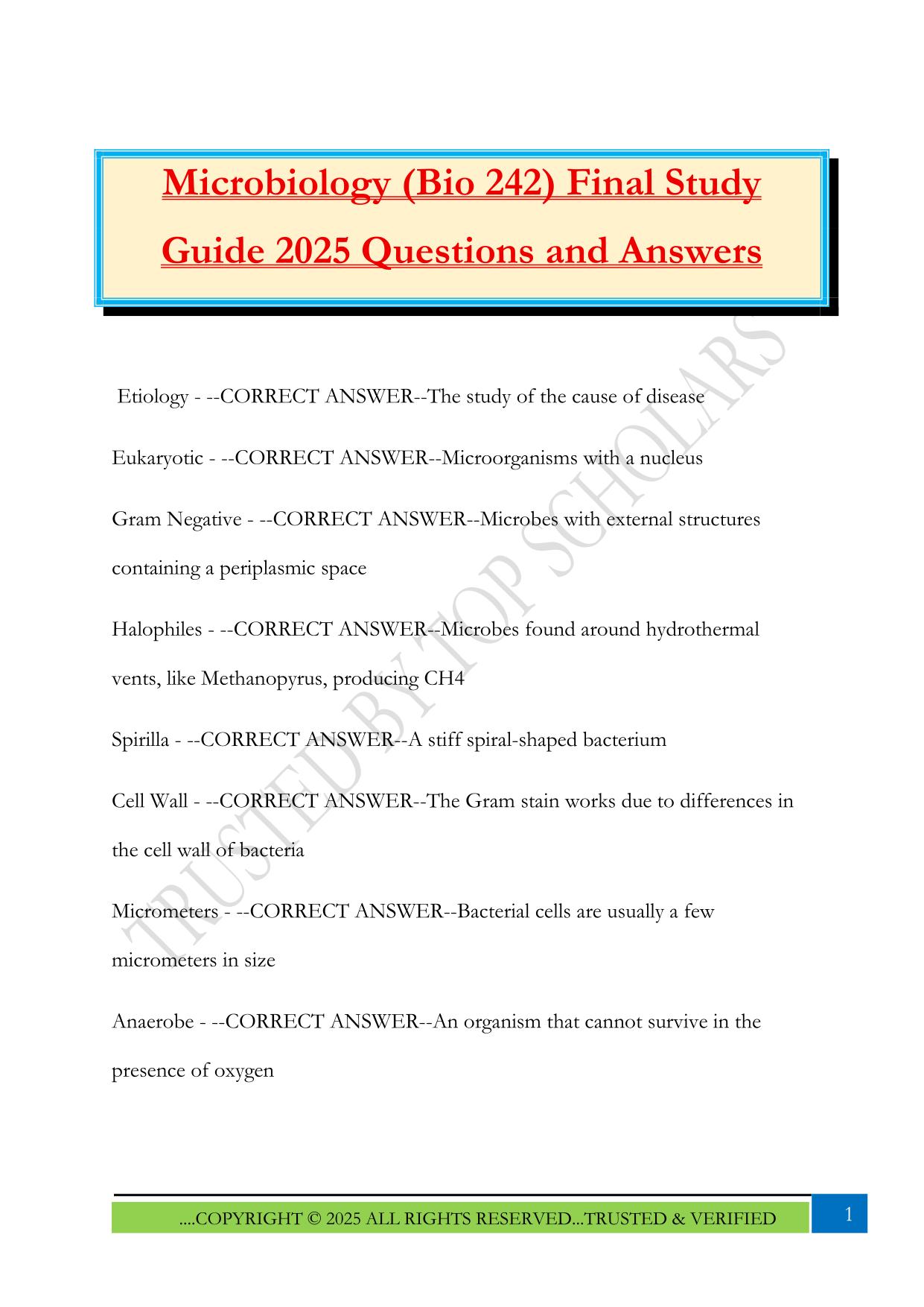 Microbiology (Bio 242) Final Study Guide 2025 Questions and Answers