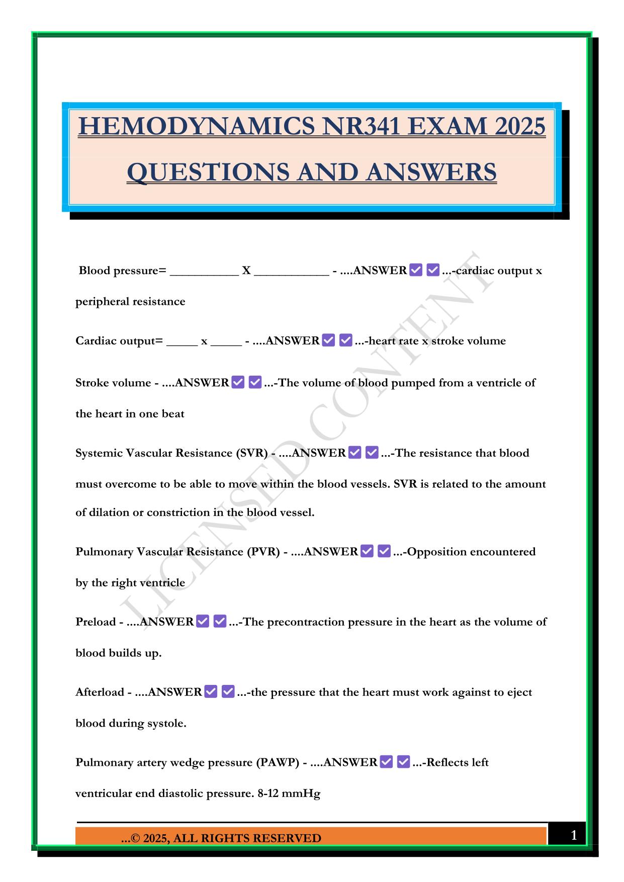 HEMODYNAMICS NR341 EXAM 2025 QUESTIONS AND ANSWERS