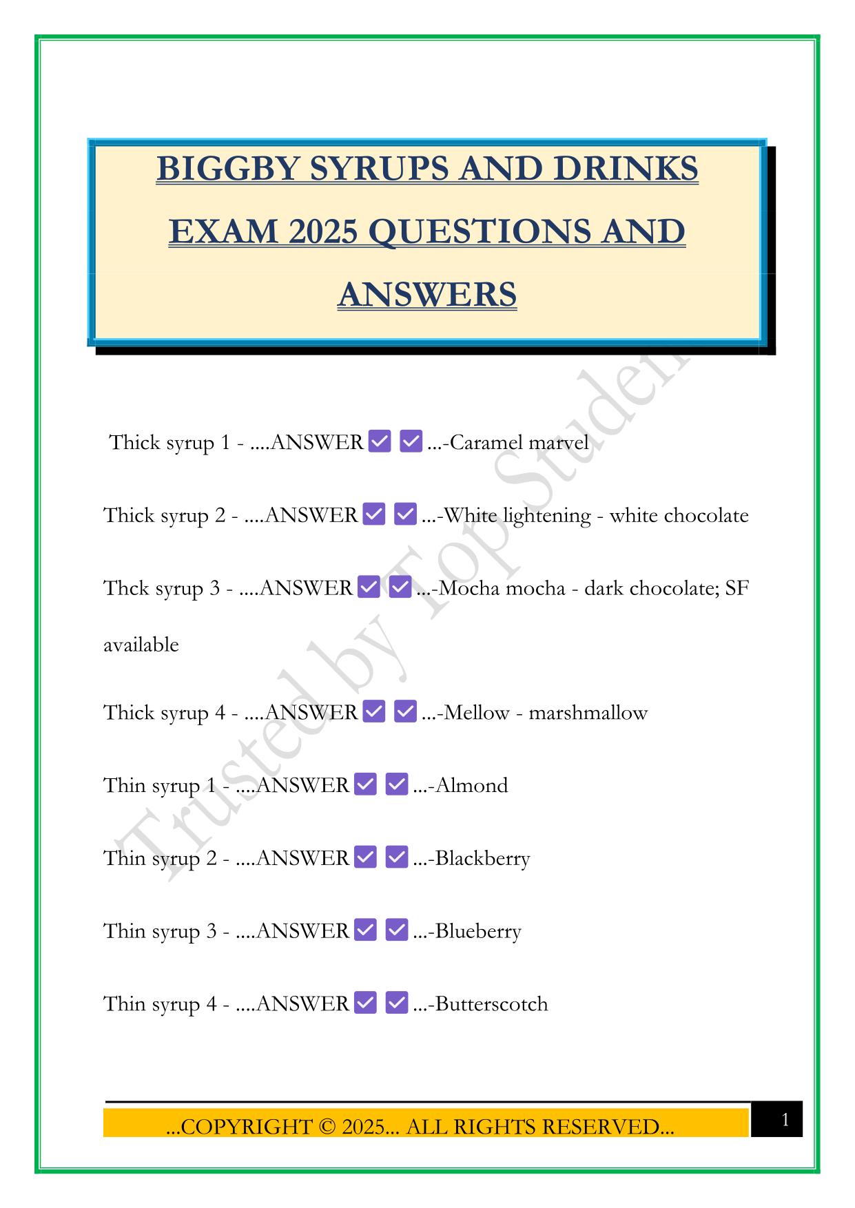BIGGBY SYRUPS AND DRINKS EXAM 2025 QUESTIONS AND ANSWERS