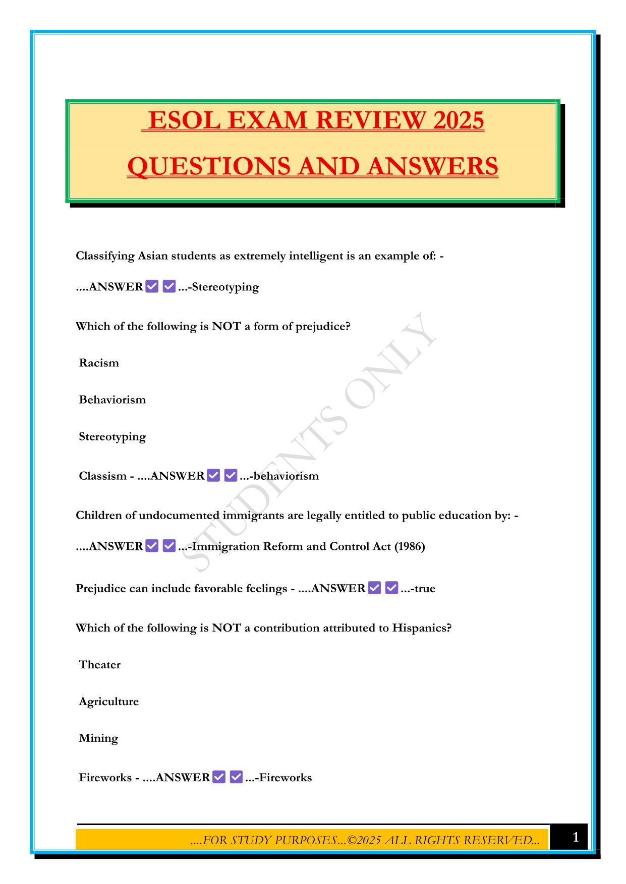 ESOL EXAM REVIEW 2025 QUESTIONS AND ANSWERS