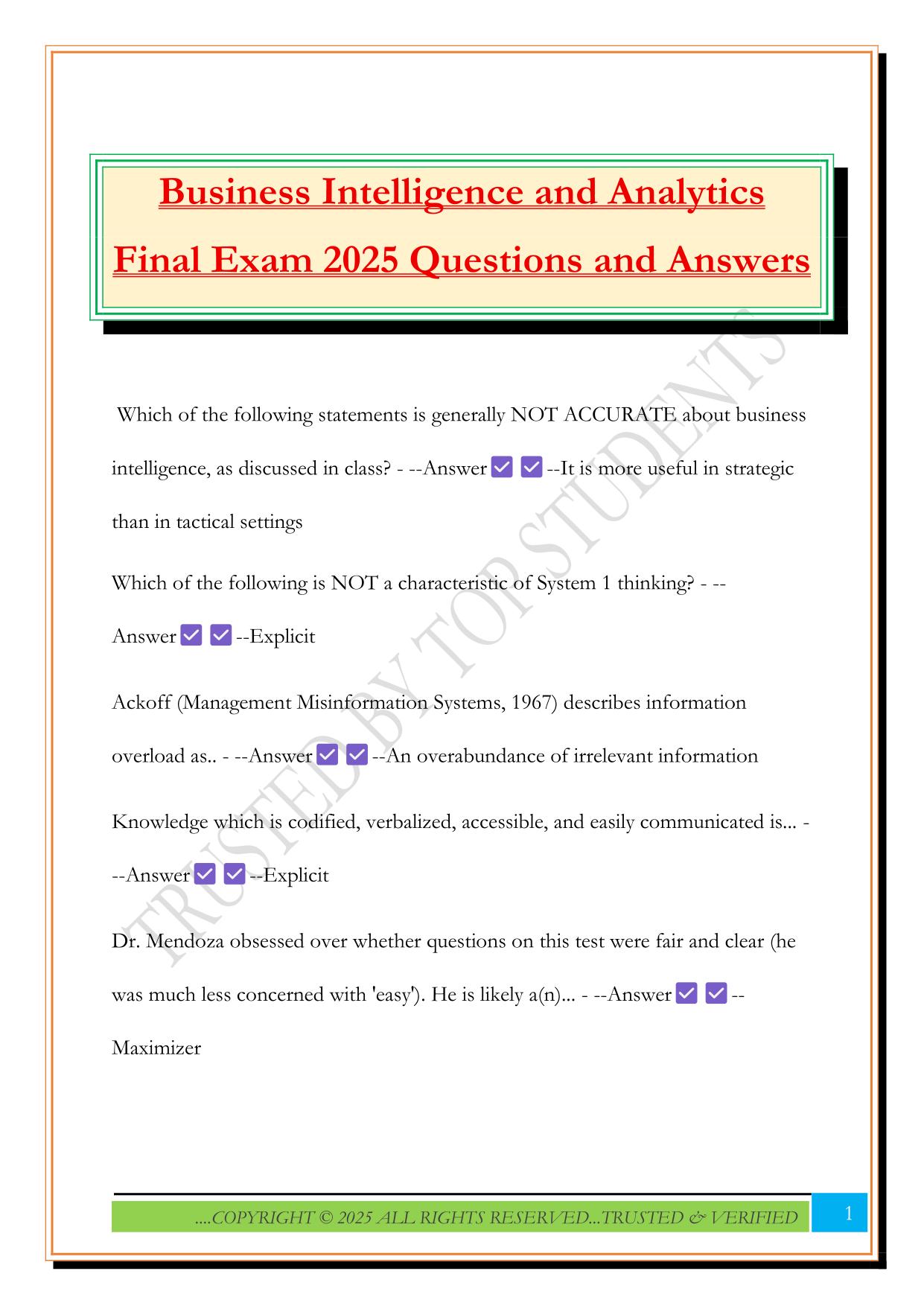 Business Intelligence and Analytics Final Exam 2025 Questions and Answers