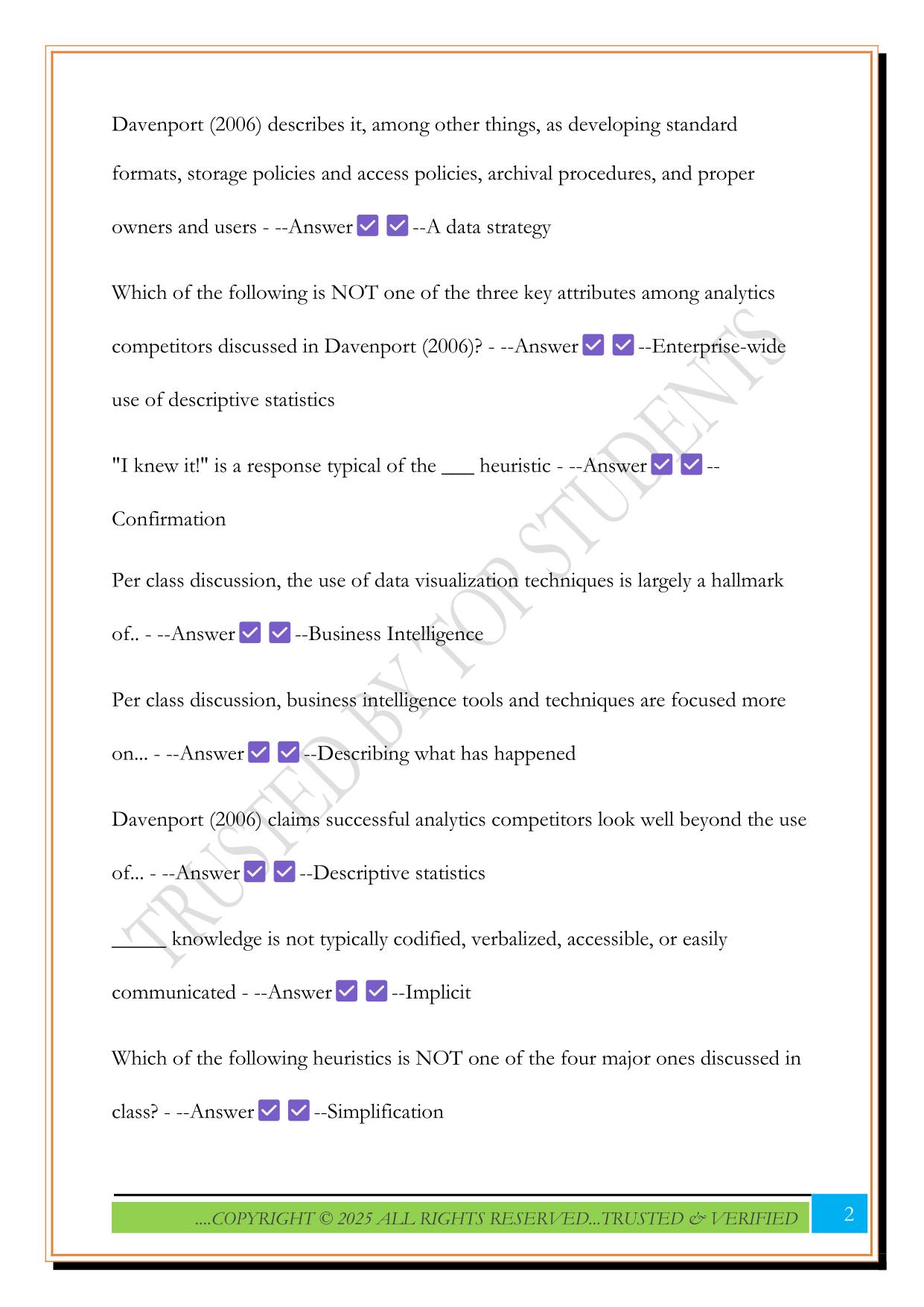 Business Intelligence and Analytics Final Exam 2025 Questions and Answers