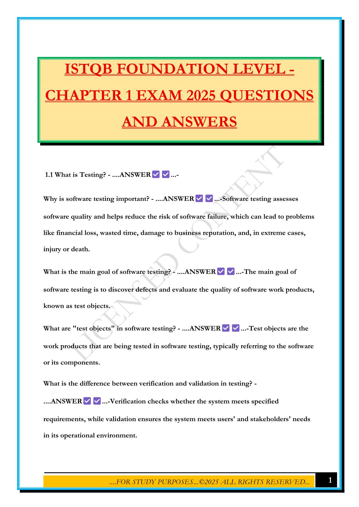ISTQB FOUNDATION LEVEL - CHAPTER 1 EXAM 2025 QUESTIONS AND ANSWERS