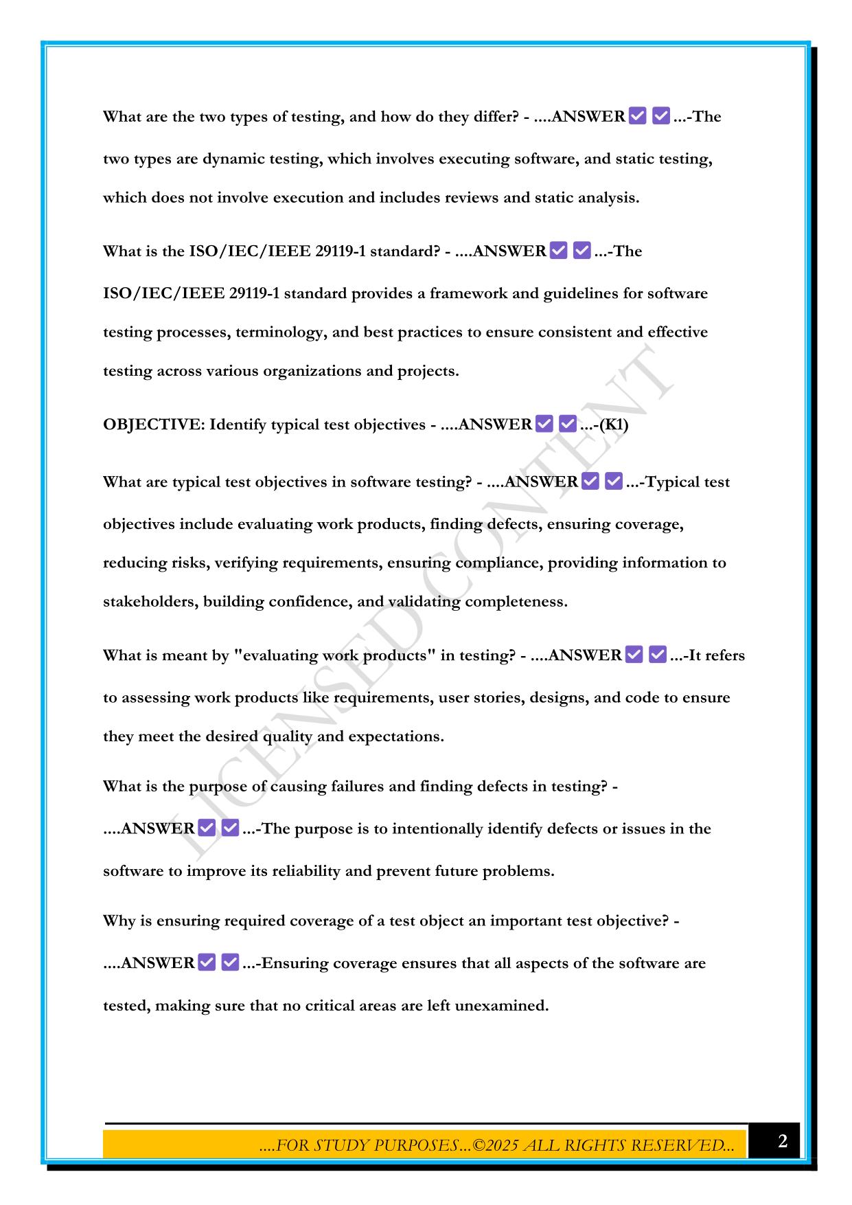ISTQB FOUNDATION LEVEL - CHAPTER 1 EXAM 2025 QUESTIONS AND ANSWERS