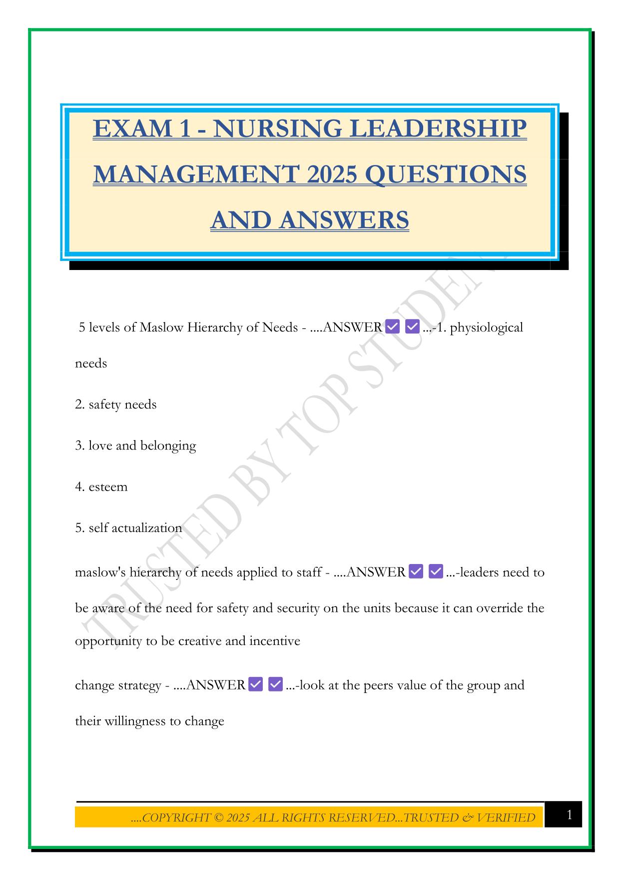 EXAM 1 - NURSING LEADERSHIP MANAGEMENT 2025 QUESTIONS AND ANSWERS