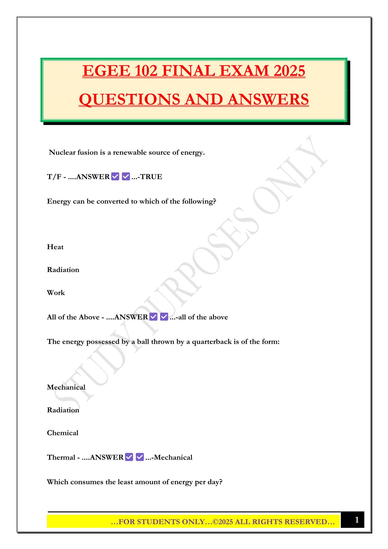 EGEE 102 FINAL EXAM 2025 QUESTIONS AND ANSWERS