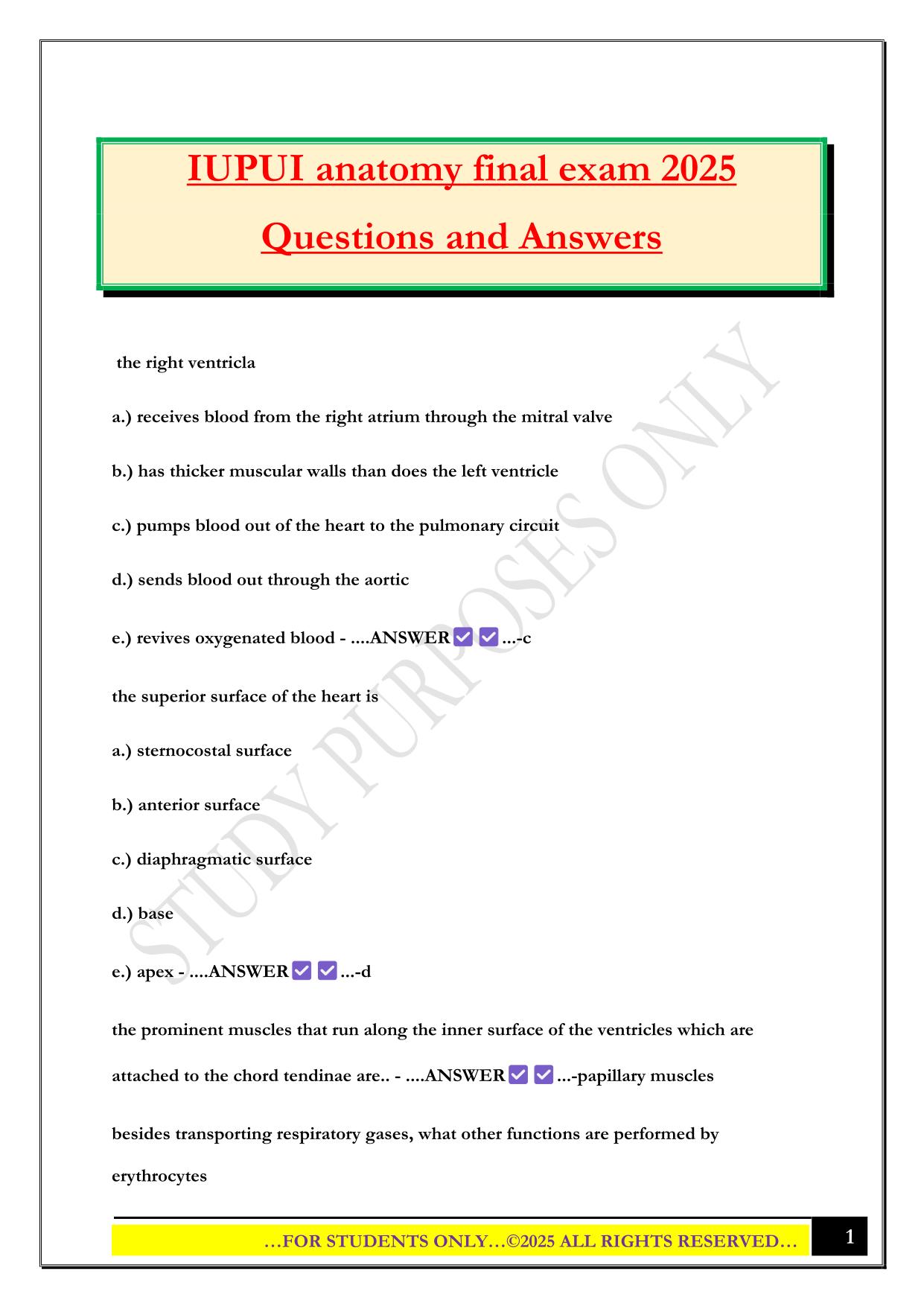 IUPUI anatomy final exam 2025 Questions and Answers