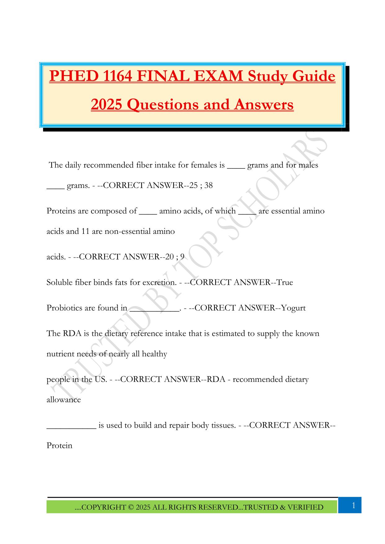 PHED 1164 FINAL EXAM Study Guide 2025 Questions and Answers