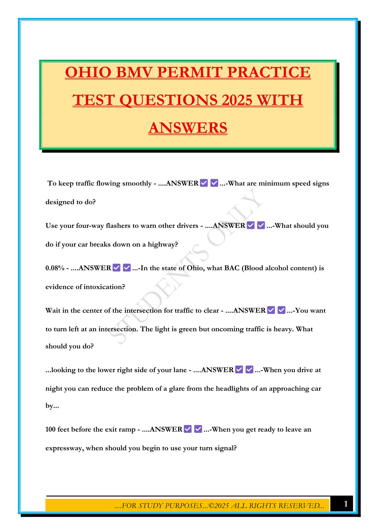 OHIO BMV PERMIT PRACTICE TEST QUESTIONS 2025 WITH ANSWERS