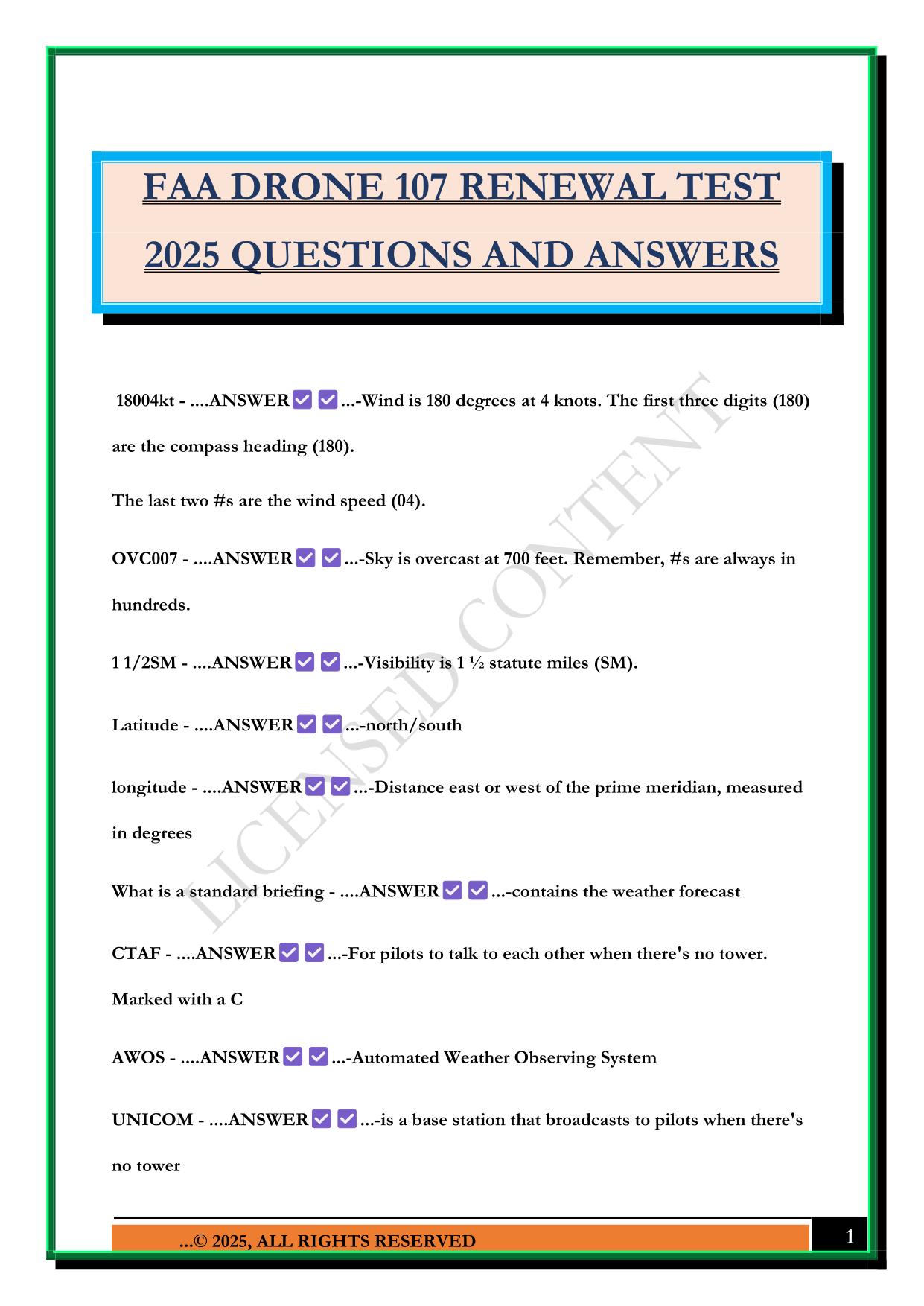 FAA DRONE 107 RENEWAL TEST 2025 QUESTIONS AND ANSWERS