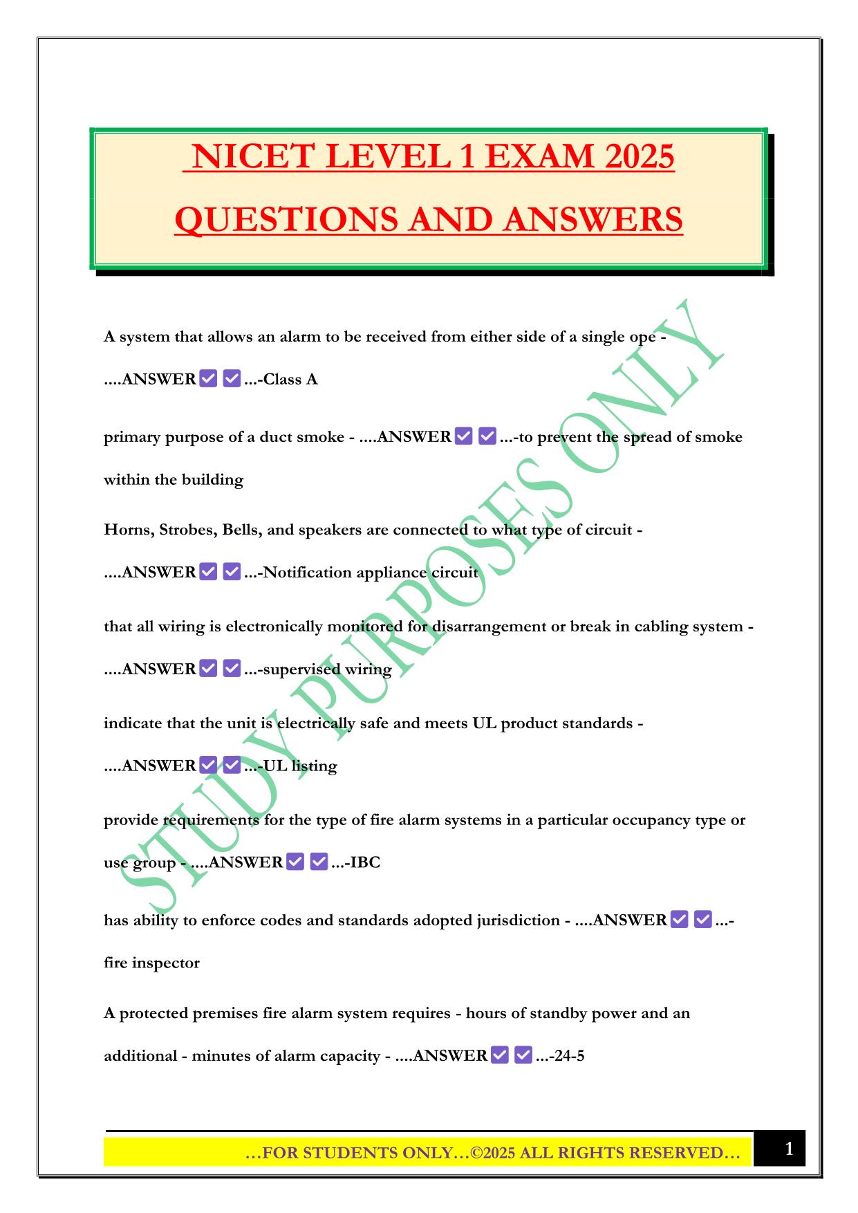 NICET LEVEL 1 EXAM 2025 QUESTIONS AND ANSWERS
