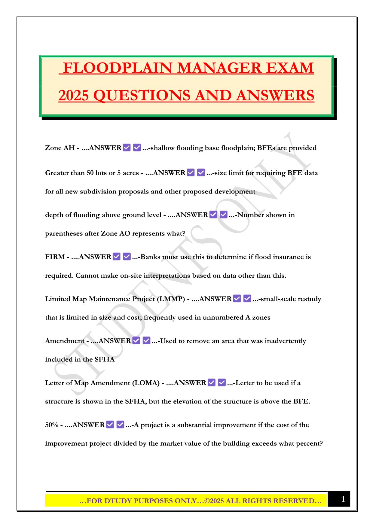 FLOODPLAIN MANAGER EXAM 2025 QUESTIONS AND ANSWERS