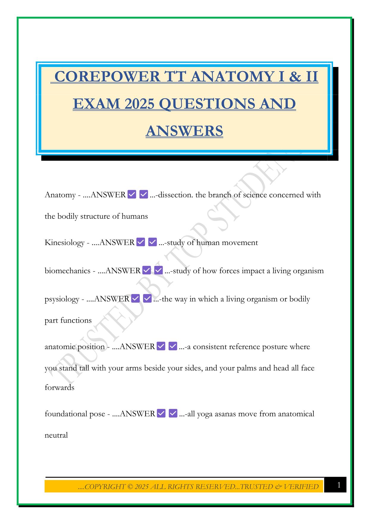 COREPOWER TT ANATOMY I & II EXAM 2025 QUESTIONS AND ANSWERS