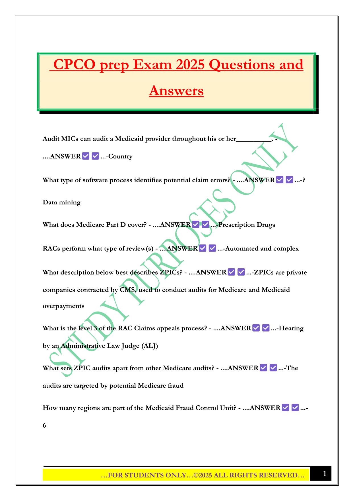 CPCO prep Exam 2025 Questions and Answers