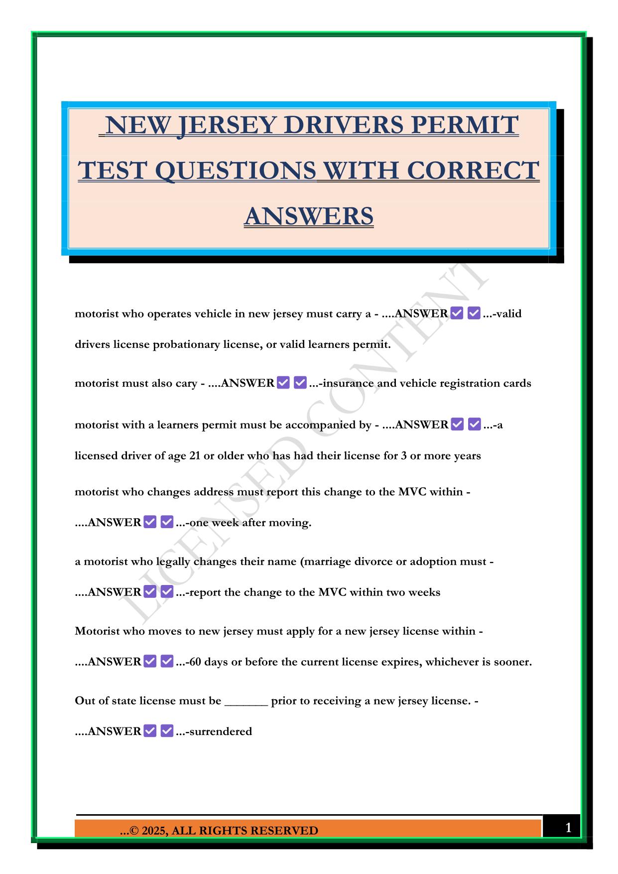 NEW JERSEY DRIVERS PERMIT TEST QUESTIONS WITH CORRECT ANSWERS