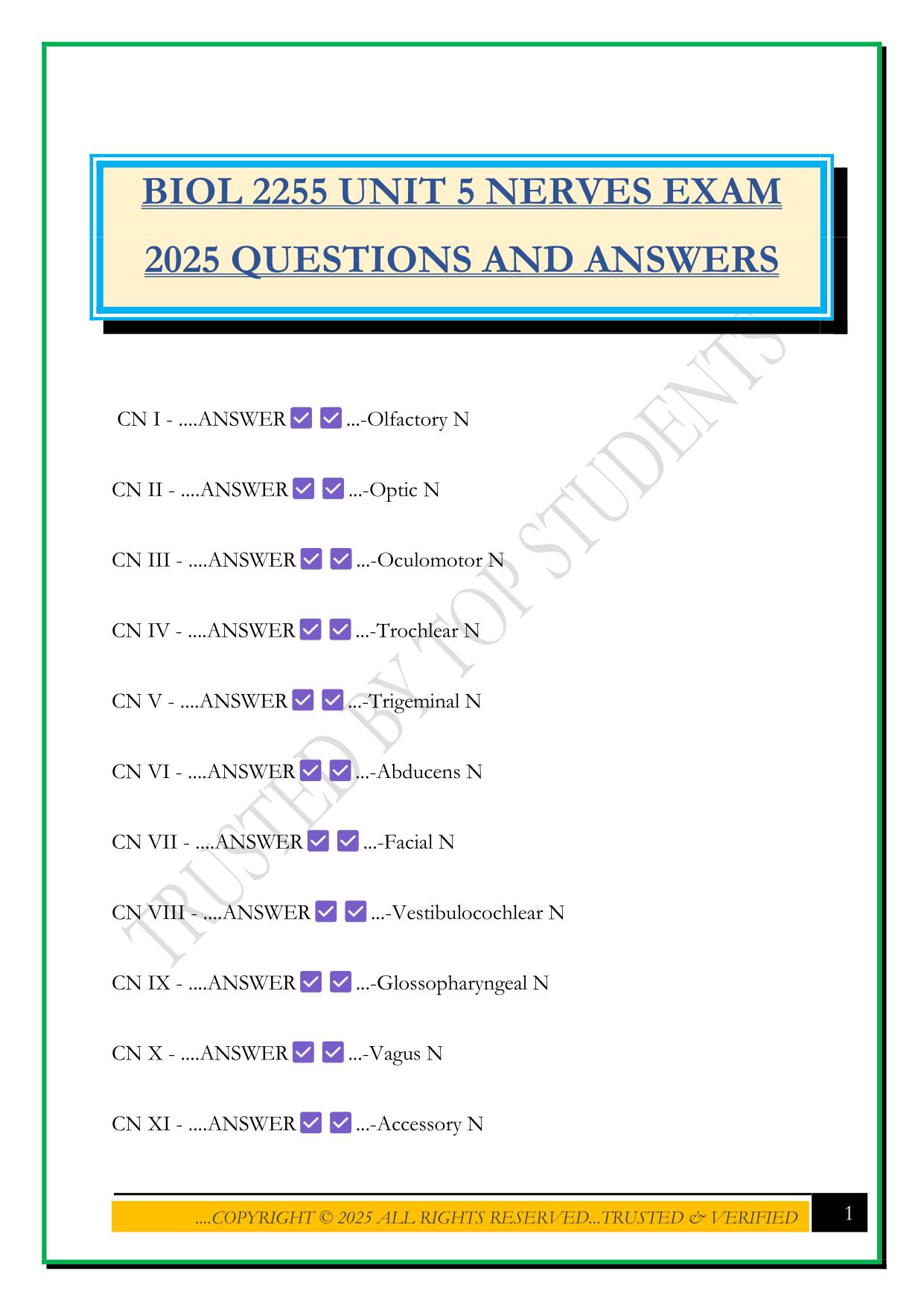 BIOL 2255 UNIT 5 NERVES EXAM 2025 QUESTIONS AND ANSWERS