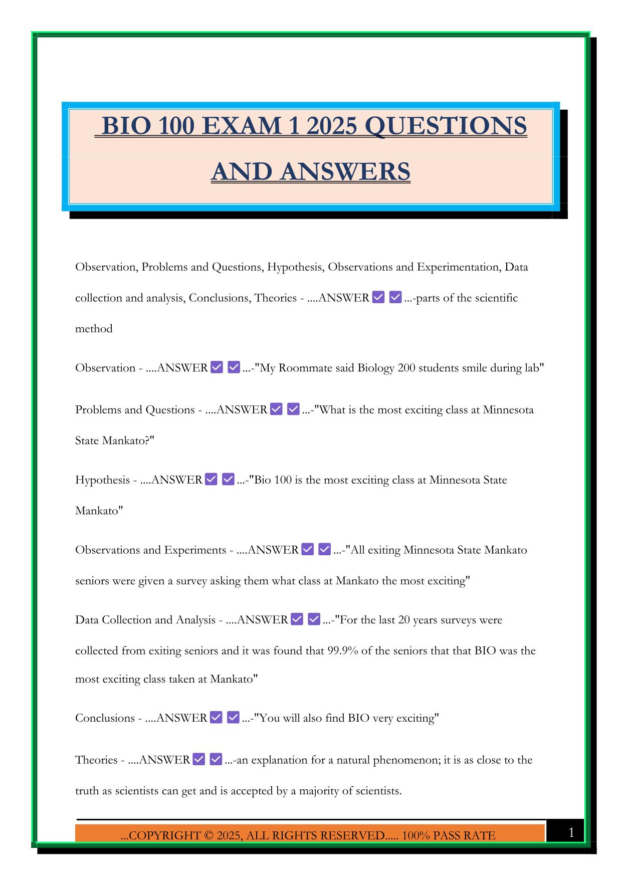 BIO 100 EXAM 1 2025 QUESTIONS AND ANSWERS