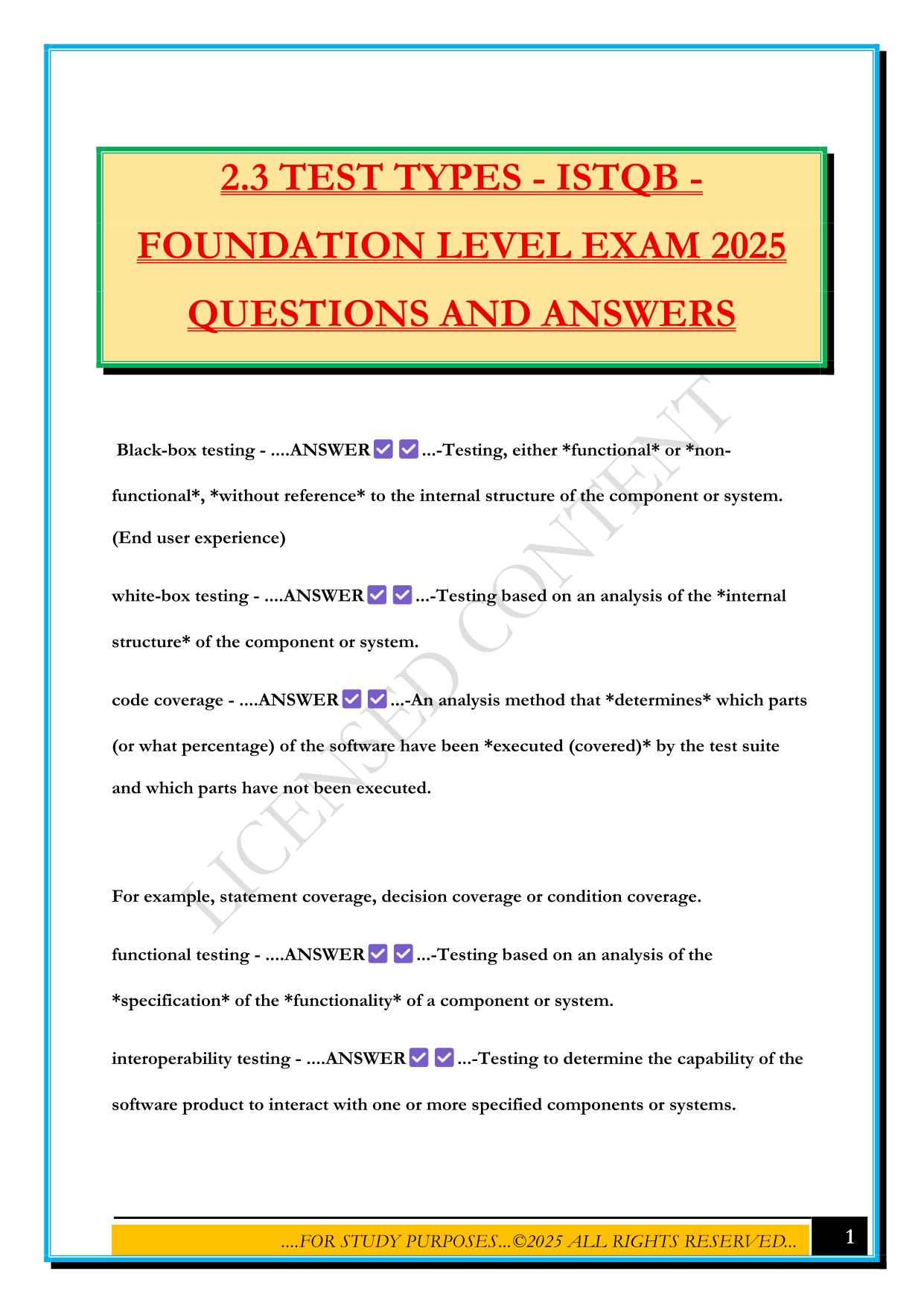 2.3 TEST TYPES - ISTQB - FOUNDATION LEVEL EXAM 2025 QUESTIONS AND ANSWERS