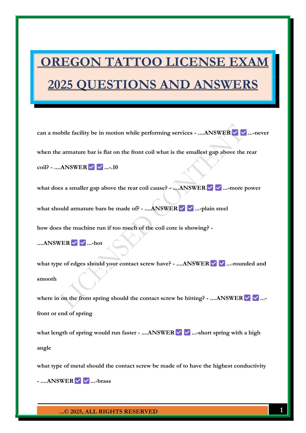 OREGON TATTOO LICENSE EXAM 2025 QUESTIONS AND ANSWERS