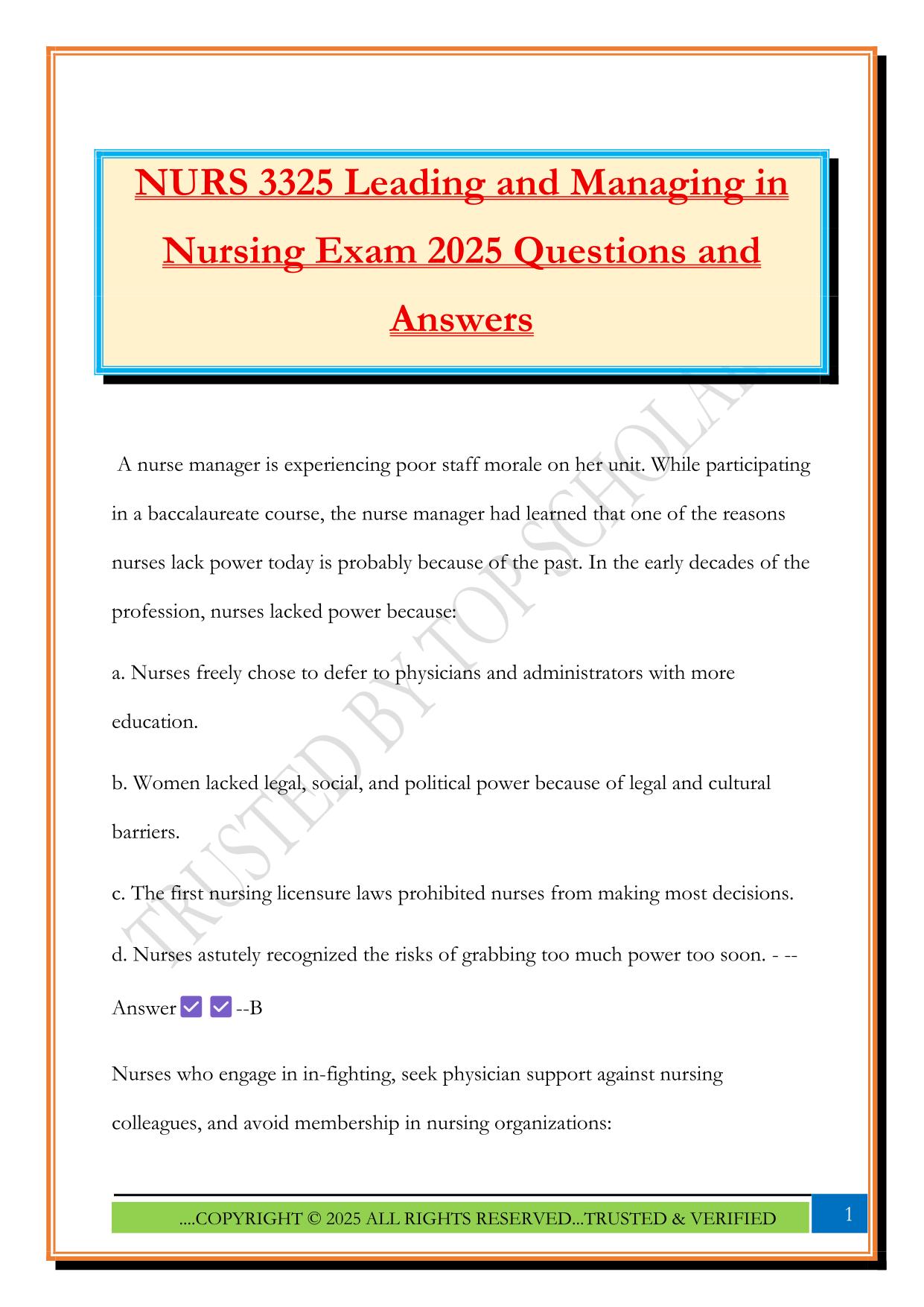 NURS 3325 Leading and Managing in Nursing Exam 2025 Questions and Answers