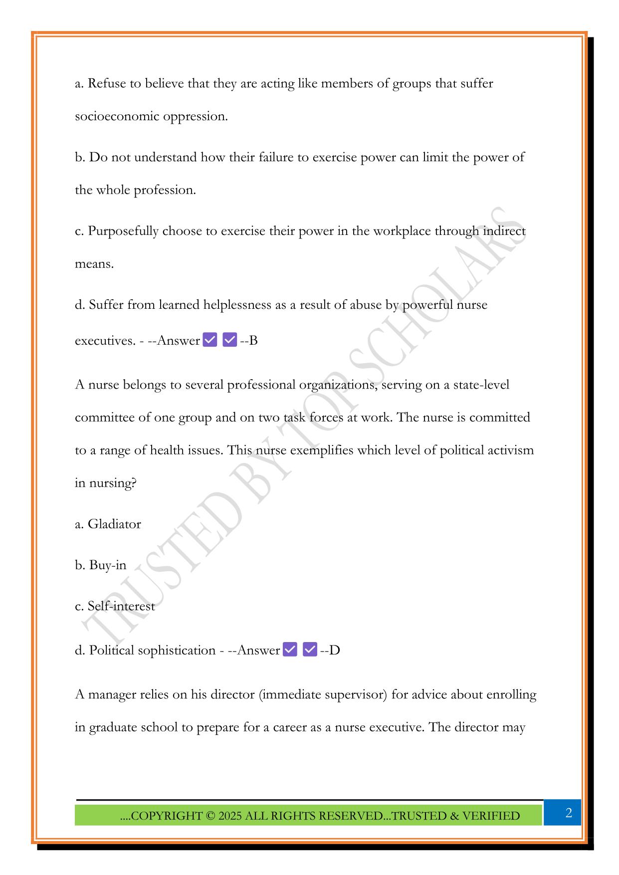 NURS 3325 Leading and Managing in Nursing Exam 2025 Questions and Answers