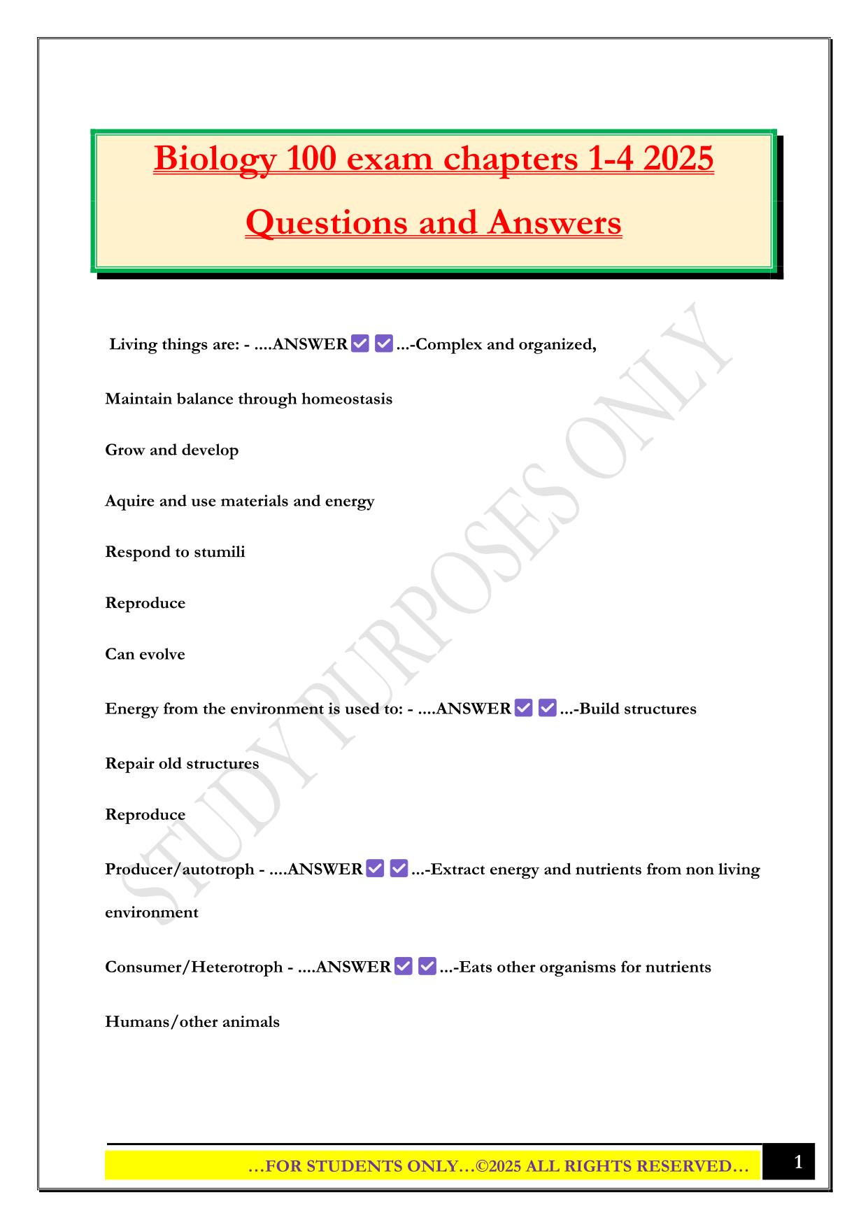 Biology 100 exam chapters 1-4 2025 Questions and Answers