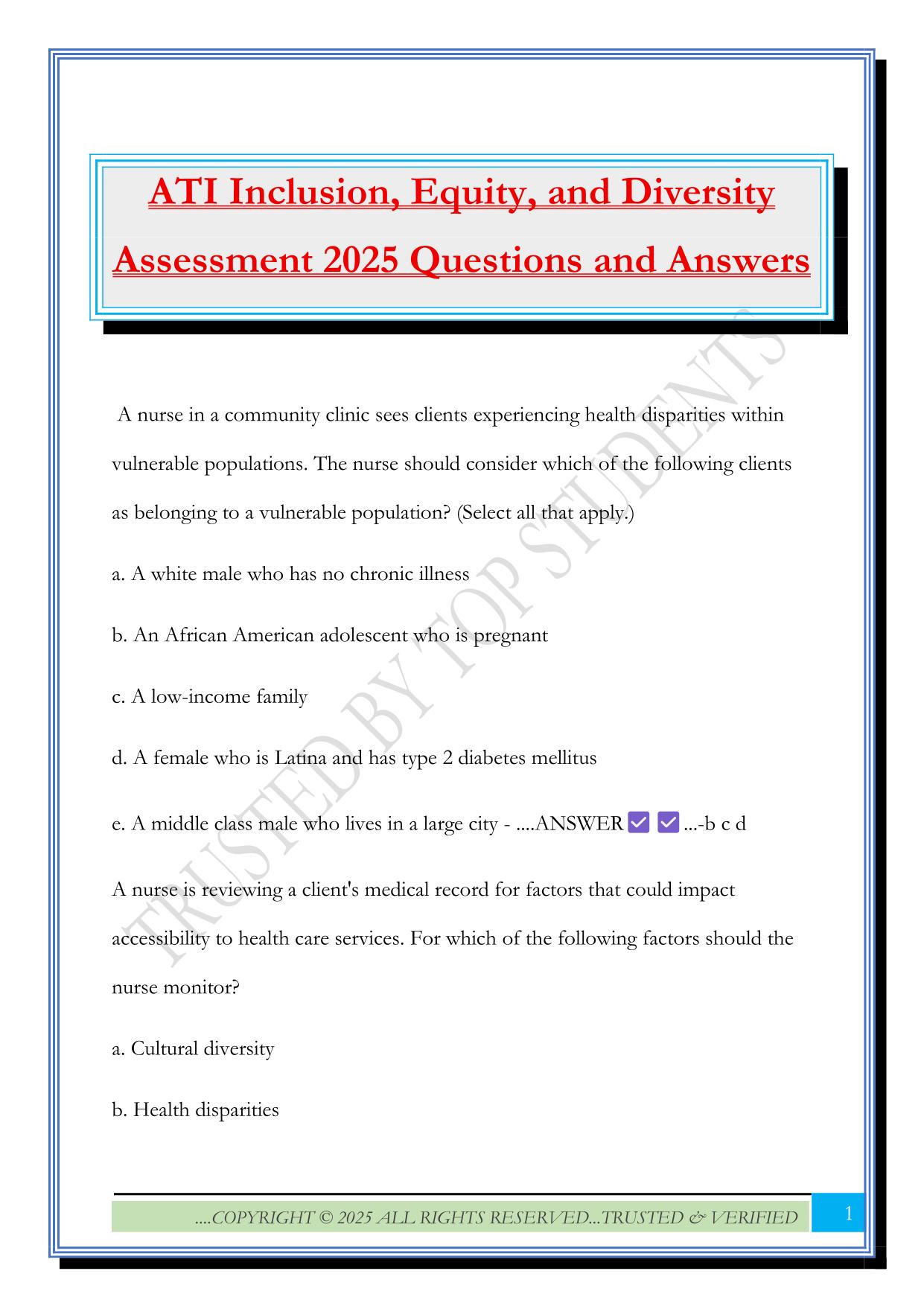 ATI Inclusion, Equity, and Diversity Assessment 2025 Questions and Answers