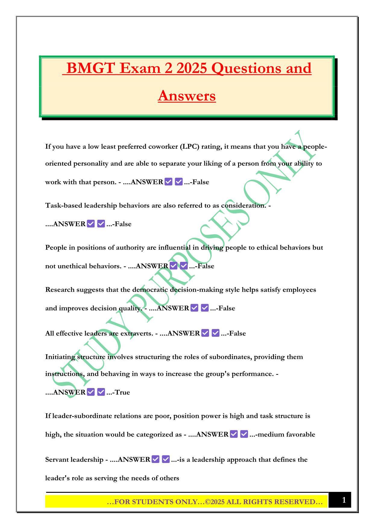 BMGT Exam 2 2025 Questions and Answers
