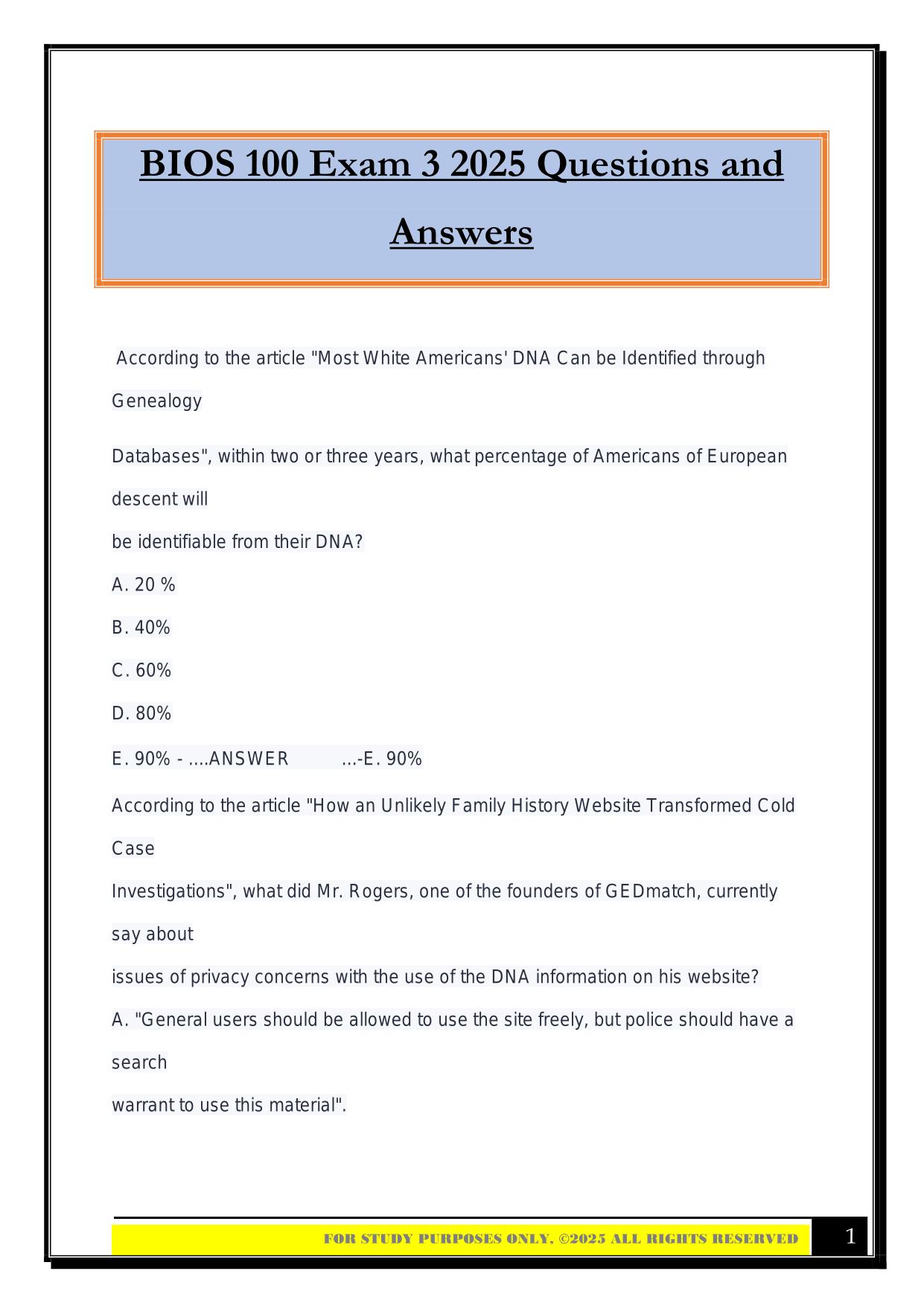 BIOS 100 Exam 3 2025 Questions and Answers