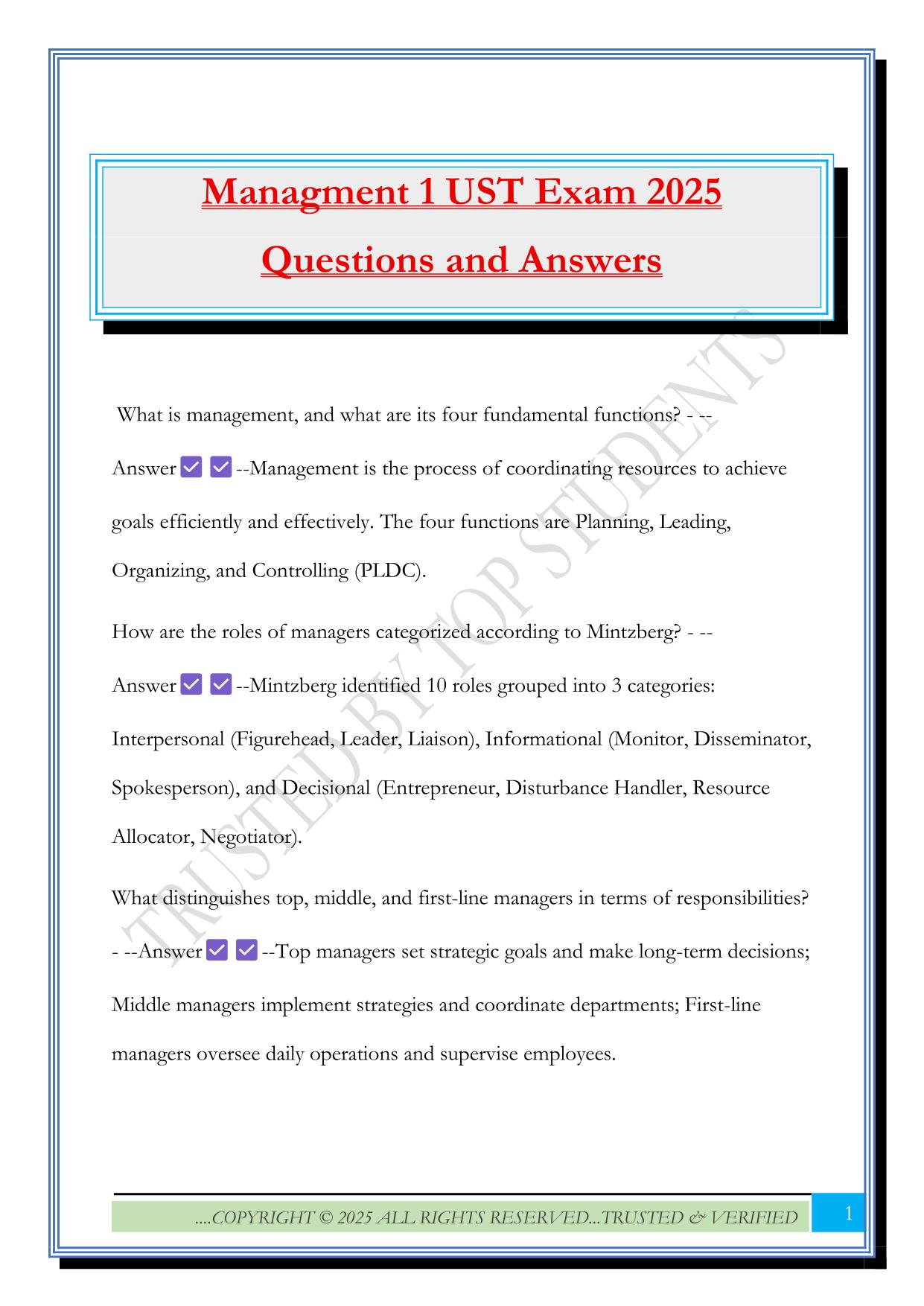 Managment 1 UST Exam 2025 Questions and Answers