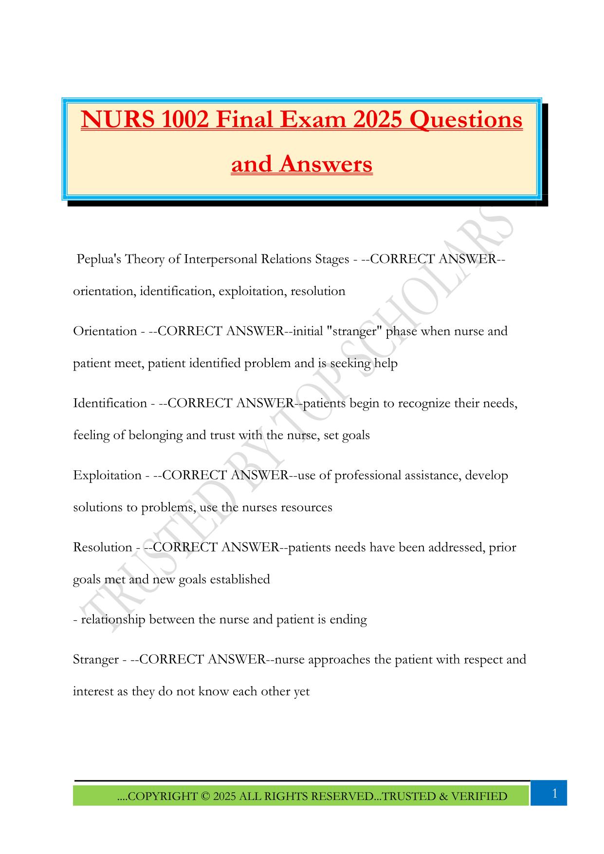 NURS 1002 Final Exam 2025 Questions and Answers