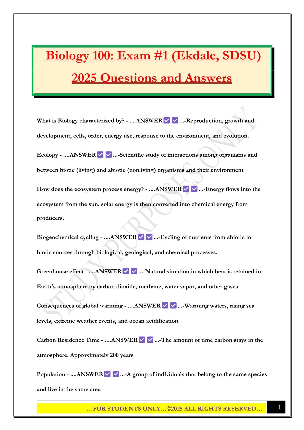 Biology 100: Exam #1 (Ekdale, SDSU) 2025 Questions and Answers
