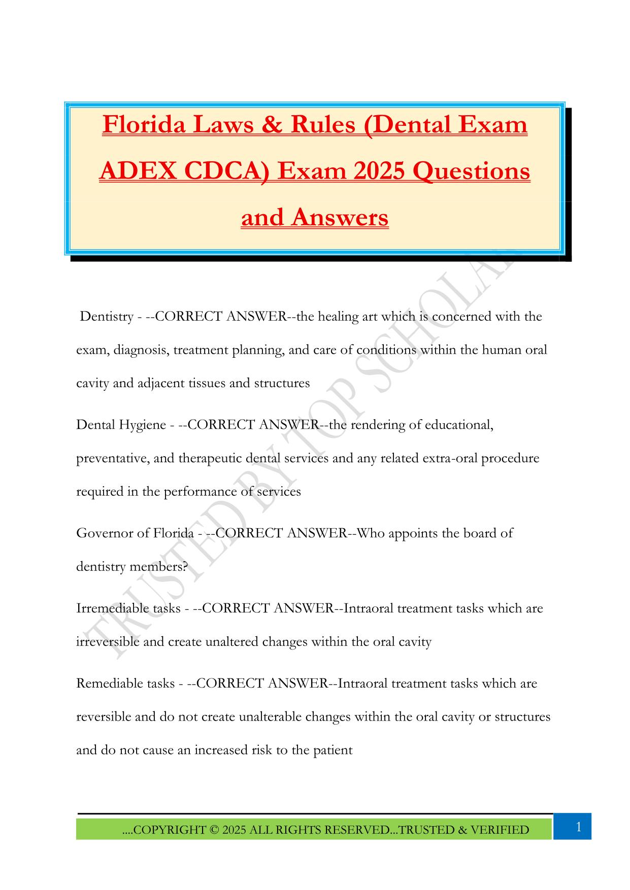 Florida Laws & Rules (Dental Exam ADEX CDCA) Exam 2025 Questions and Answers