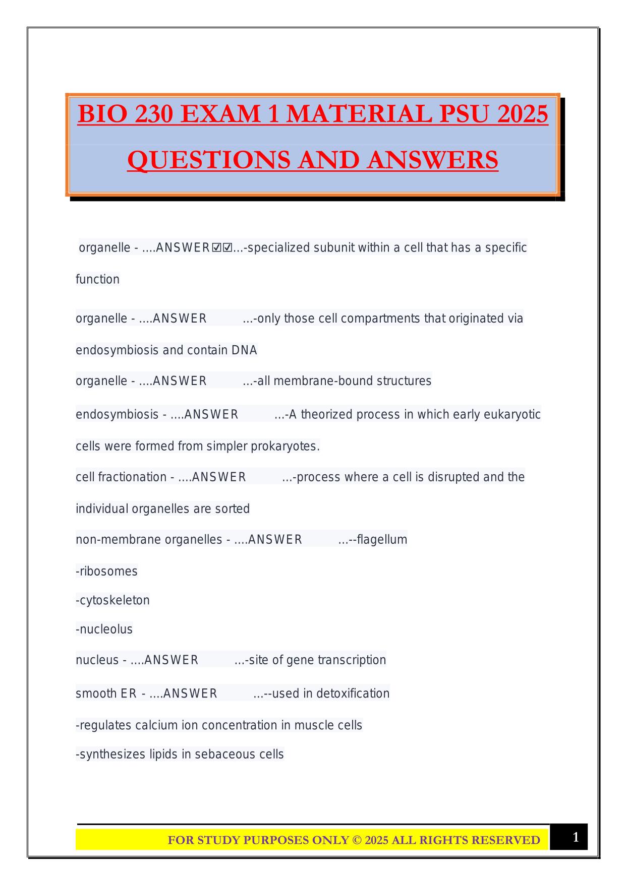 BIO 230 EXAM 1 MATERIAL PSU 2025 QUESTIONS AND ANSWERS