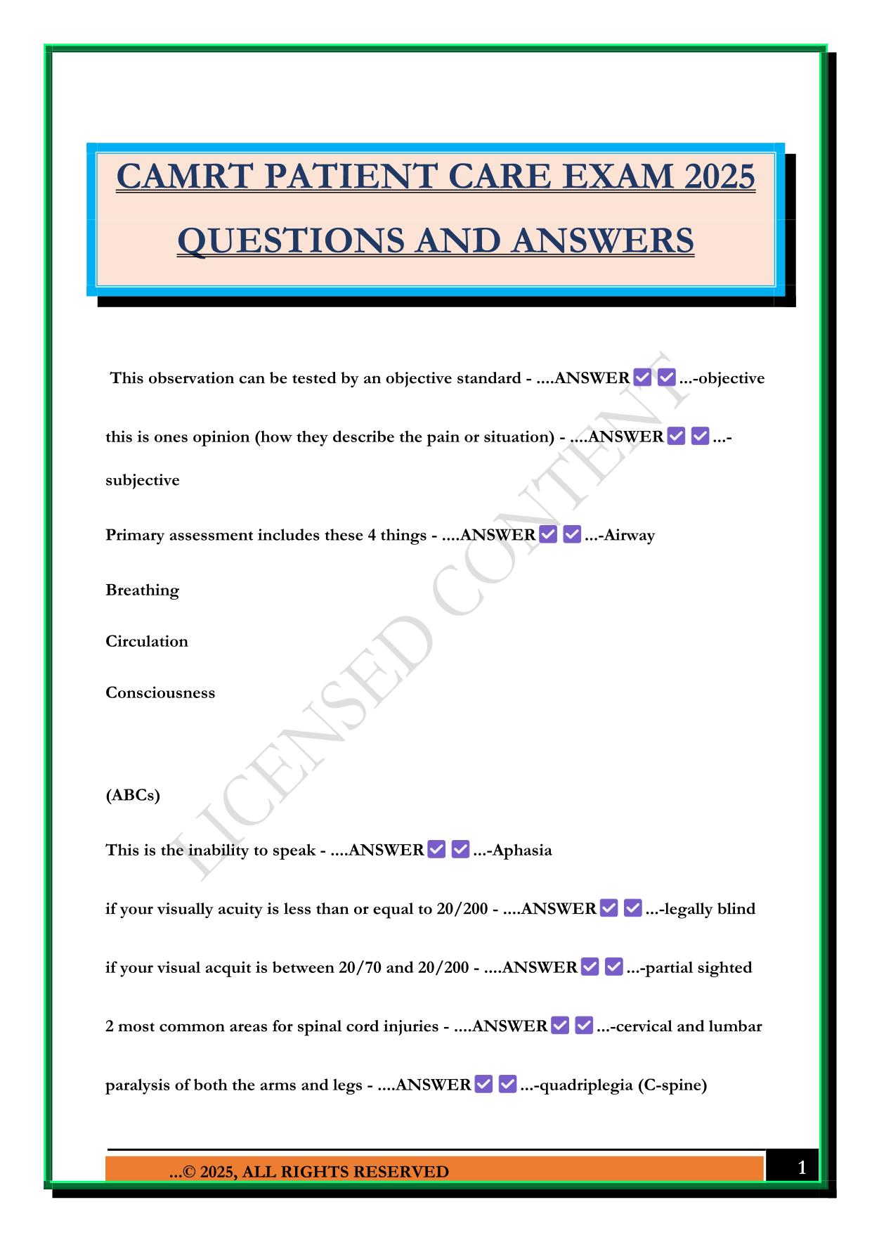 CAMRT PATIENT CARE EXAM 2025 QUESTIONS AND ANSWERS