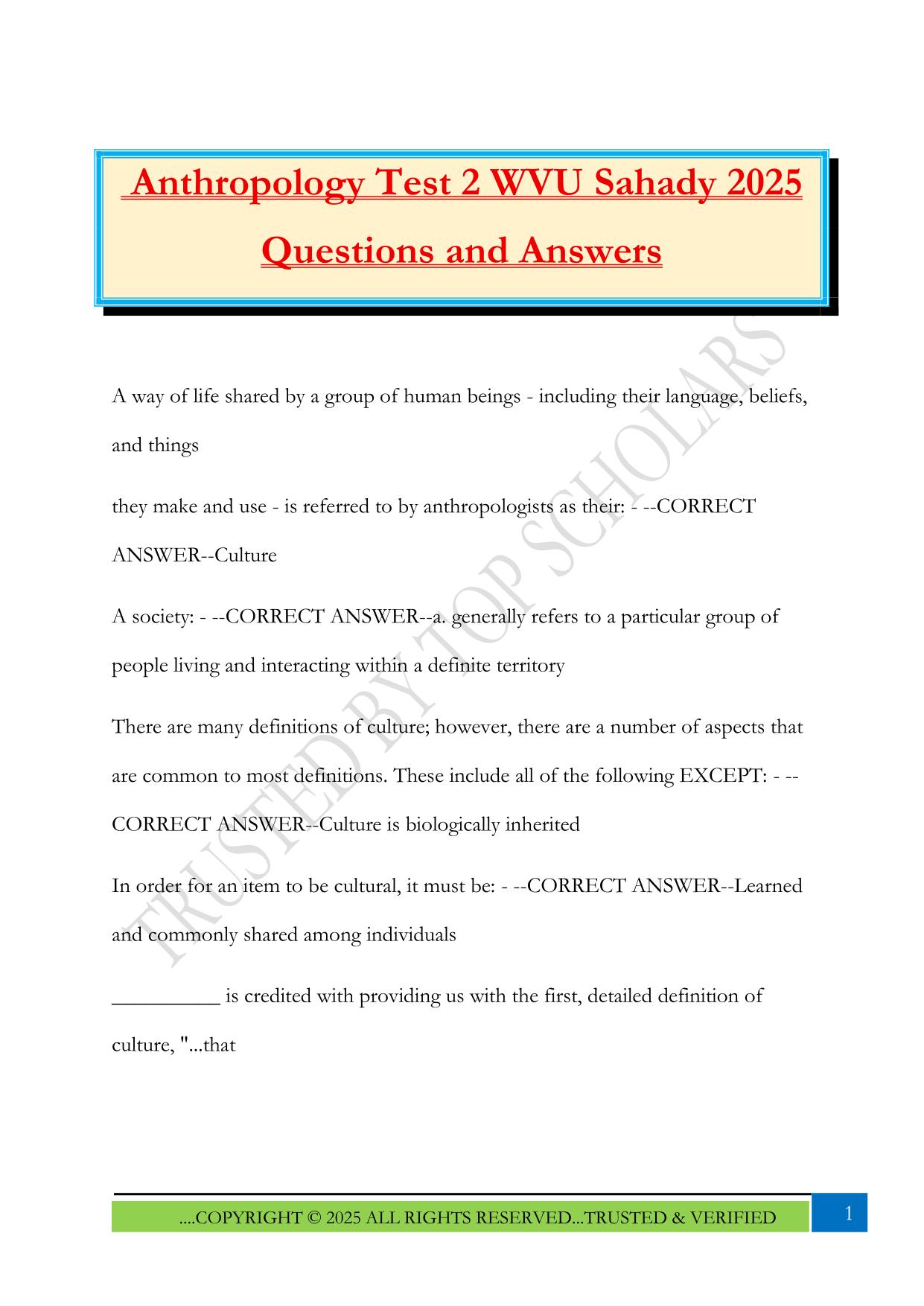 Anthropology Test 2 WVU Sahady 2025 Questions and Answers