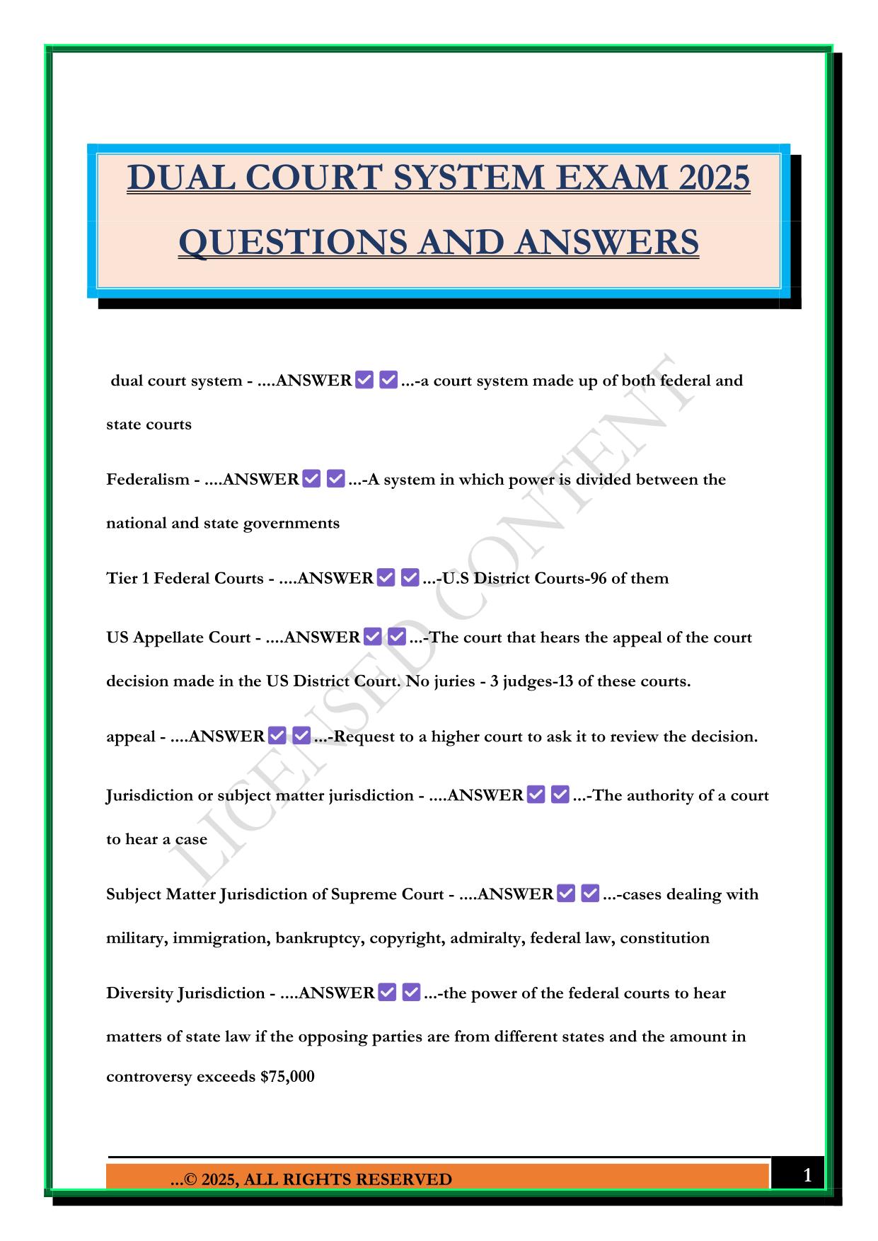 DUAL COURT SYSTEM EXAM 2025 QUESTIONS AND ANSWERS