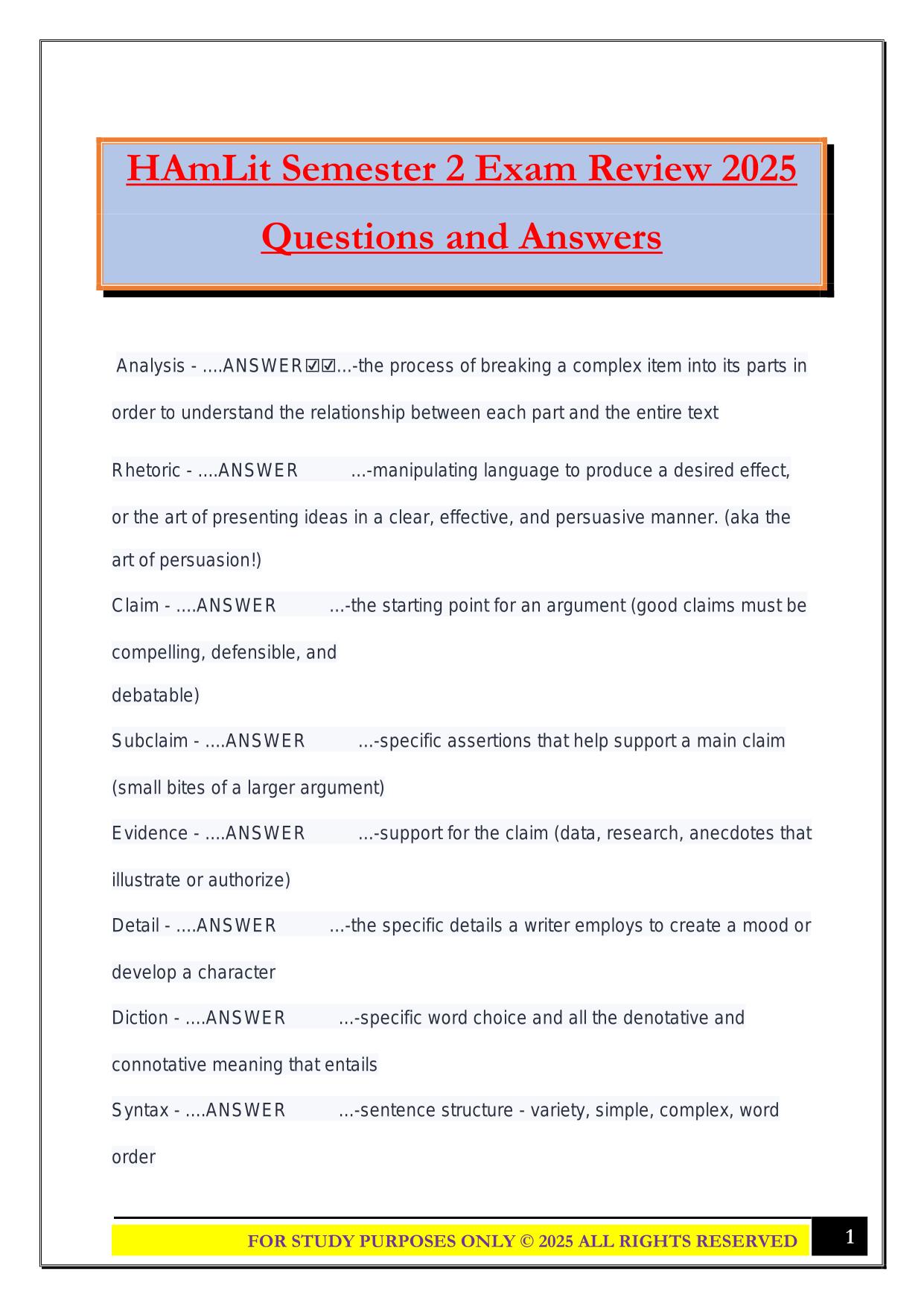 HAmLit Semester 2 Exam Review 2025 Questions and Answers