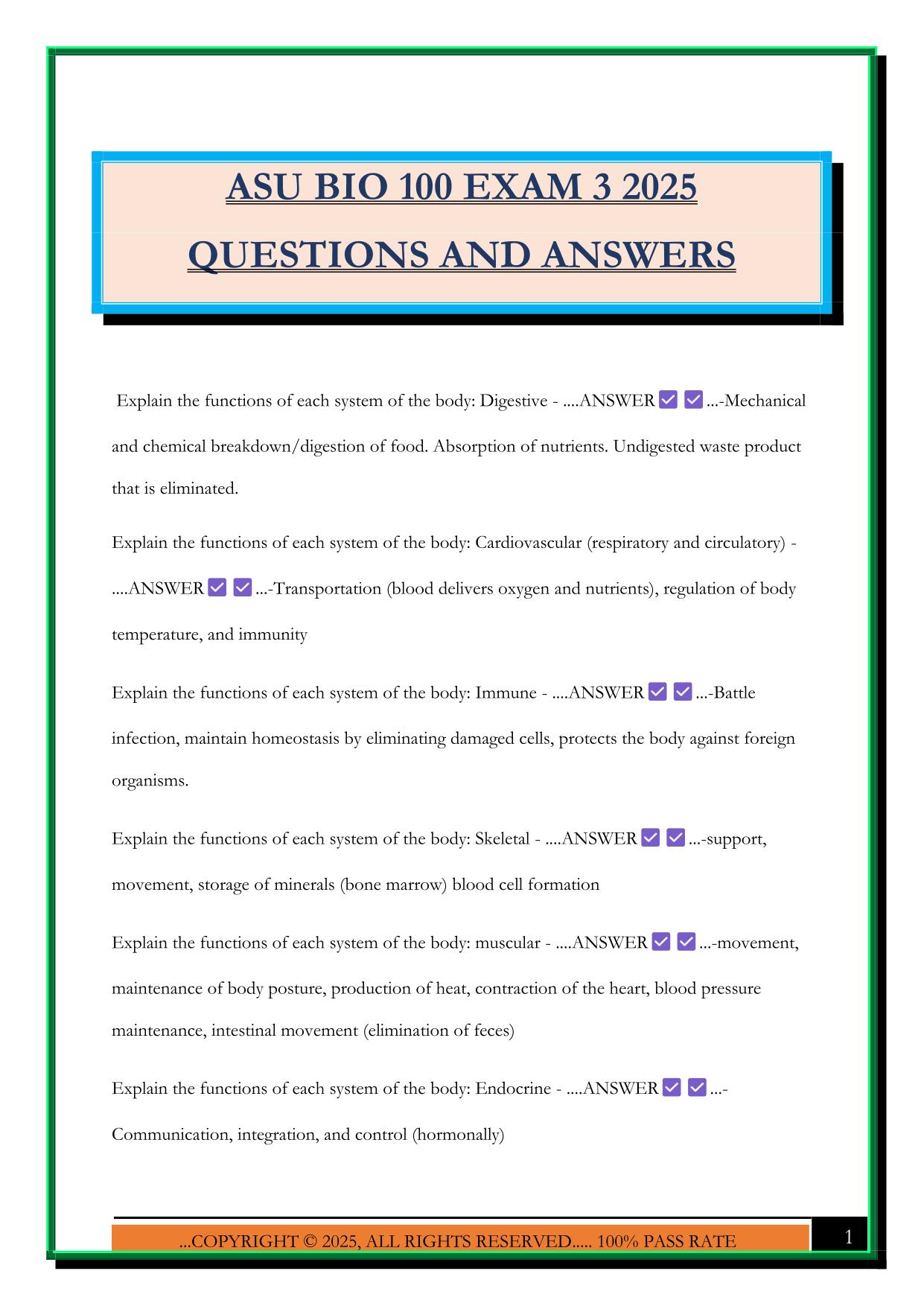 ASU BIO 100 EXAM 3 2025 QUESTIONS AND ANSWERS