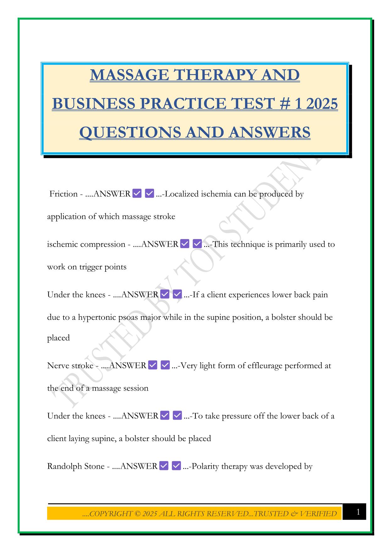 MASSAGE THERAPY AND BUSINESS PRACTICE TEST # 1 2025 QUESTIONS AND ANSWERS