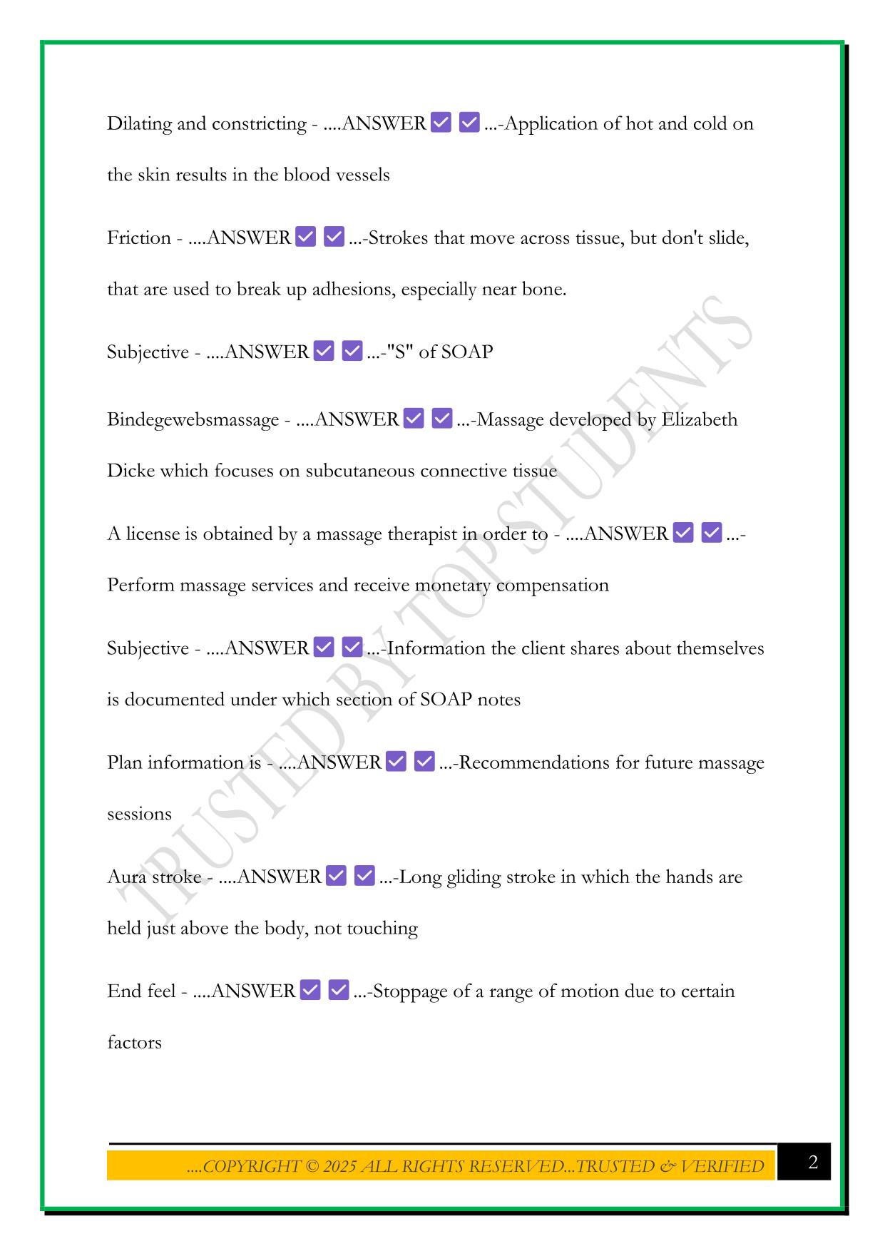 MASSAGE THERAPY AND BUSINESS PRACTICE TEST # 1 2025 QUESTIONS AND ANSWERS
