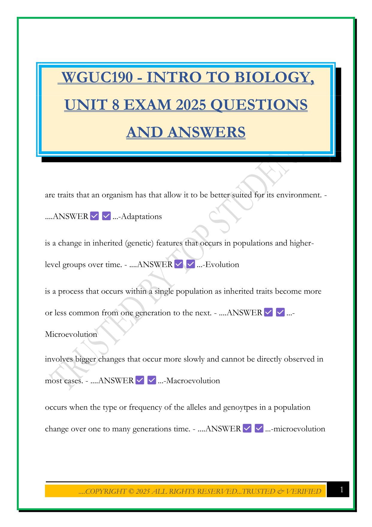 WGUC190 - INTRO TO BIOLOGY, UNIT 8 EXAM 2025 QUESTIONS AND ANSWERS