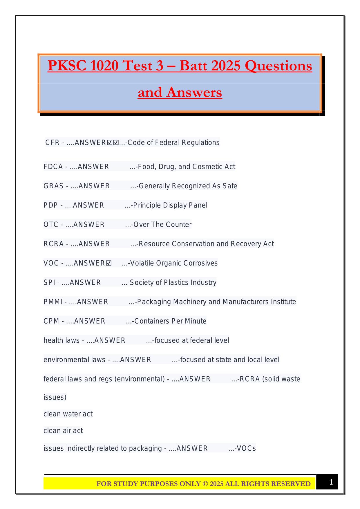 PKSC 1020 Test 3 – Batt 2025 Questions and Answers