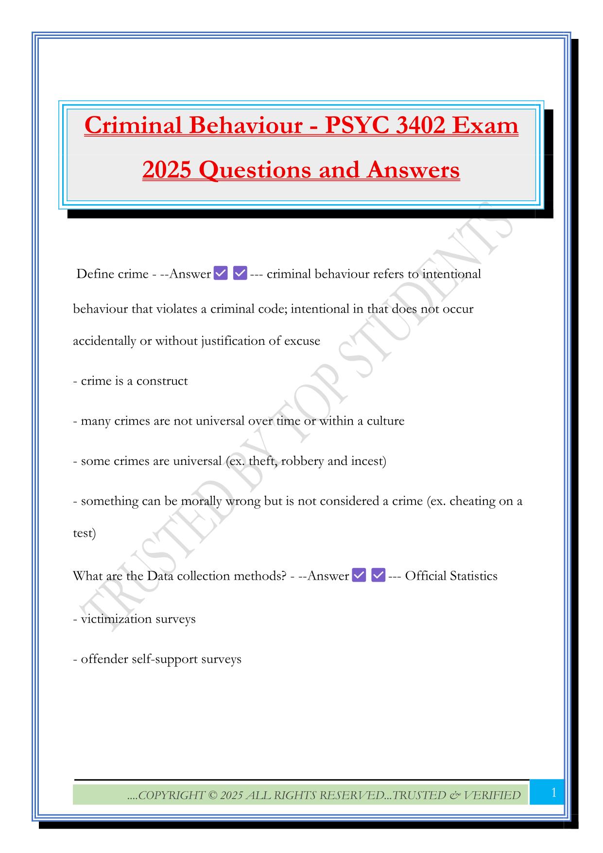 Criminal Behaviour - PSYC 3402 Exam 2025 Questions and Answers