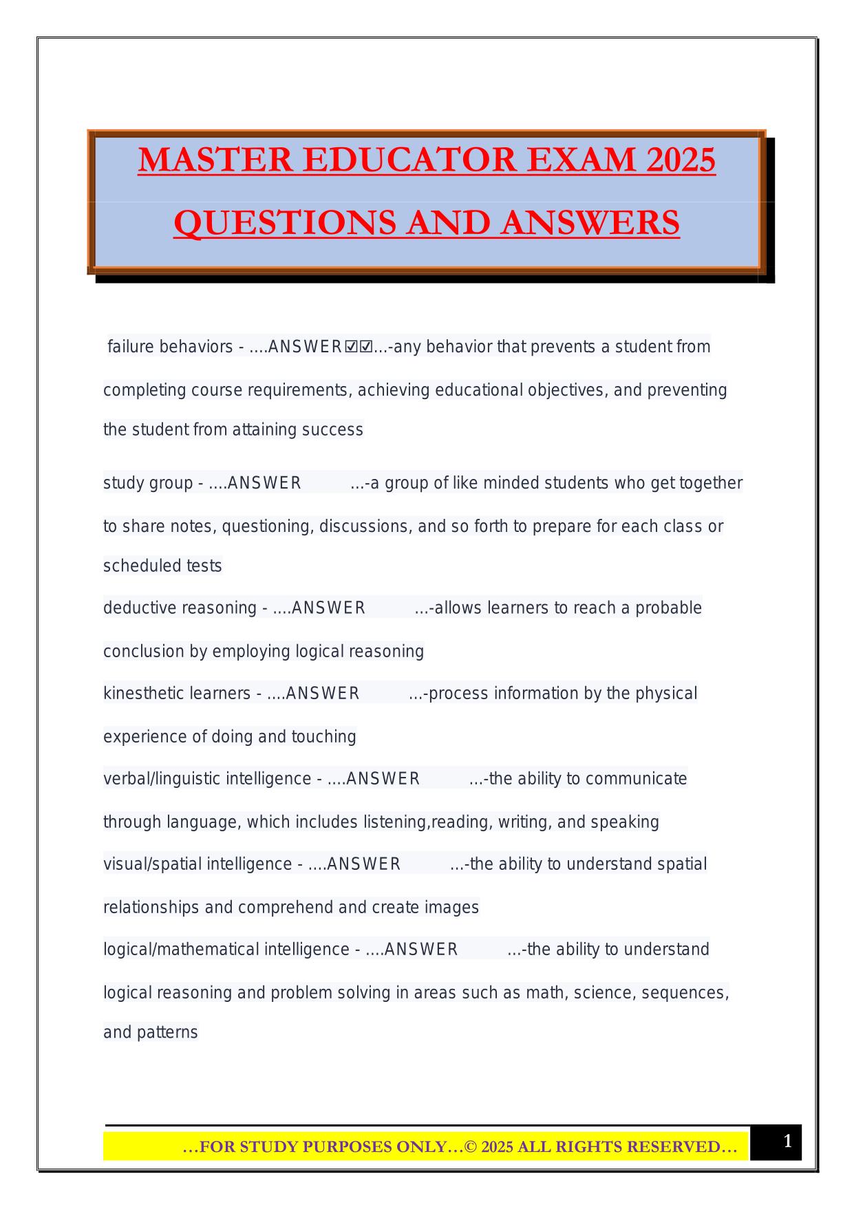 MASTER EDUCATOR EXAM 2025 QUESTIONS AND ANSWERS